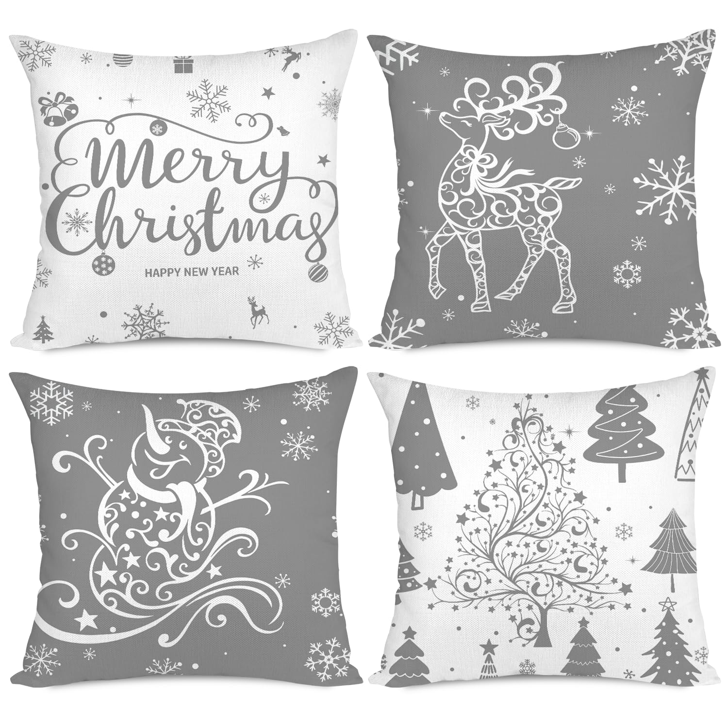 Miaikoe Christmas Cushion Covers 45x45 Set of 4 Decorative Holiday Farmhouse Pillow Cases with Trees, Deer, Snowman