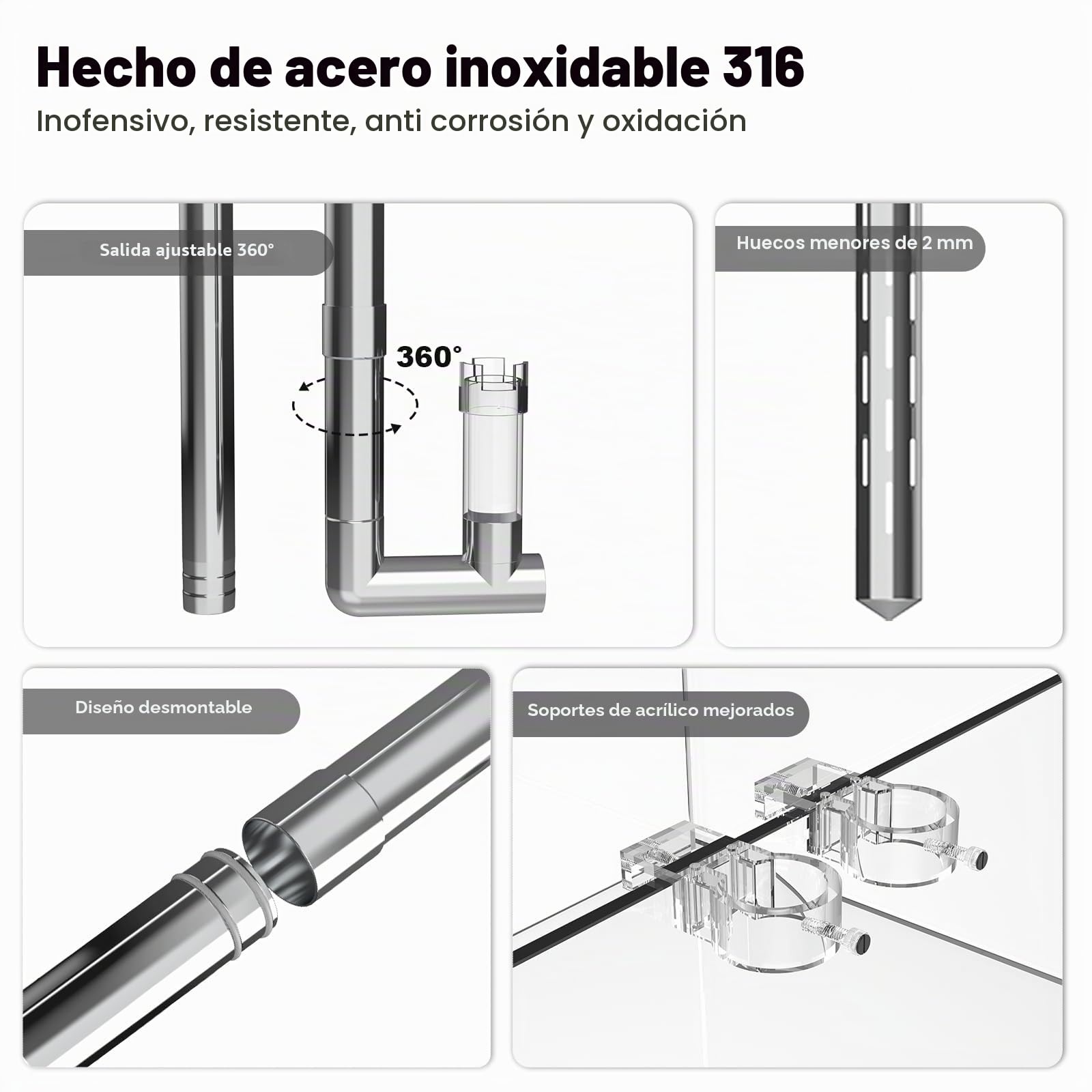 FZONE Lily Pipes De Acero Inoxidable para Acuario, Salida Mejorada con Skimmer De Superficie Y Tubo De Extensión Desmontable 11 cm para Manguera 1/2" (12 mm) Entrada Y Salida