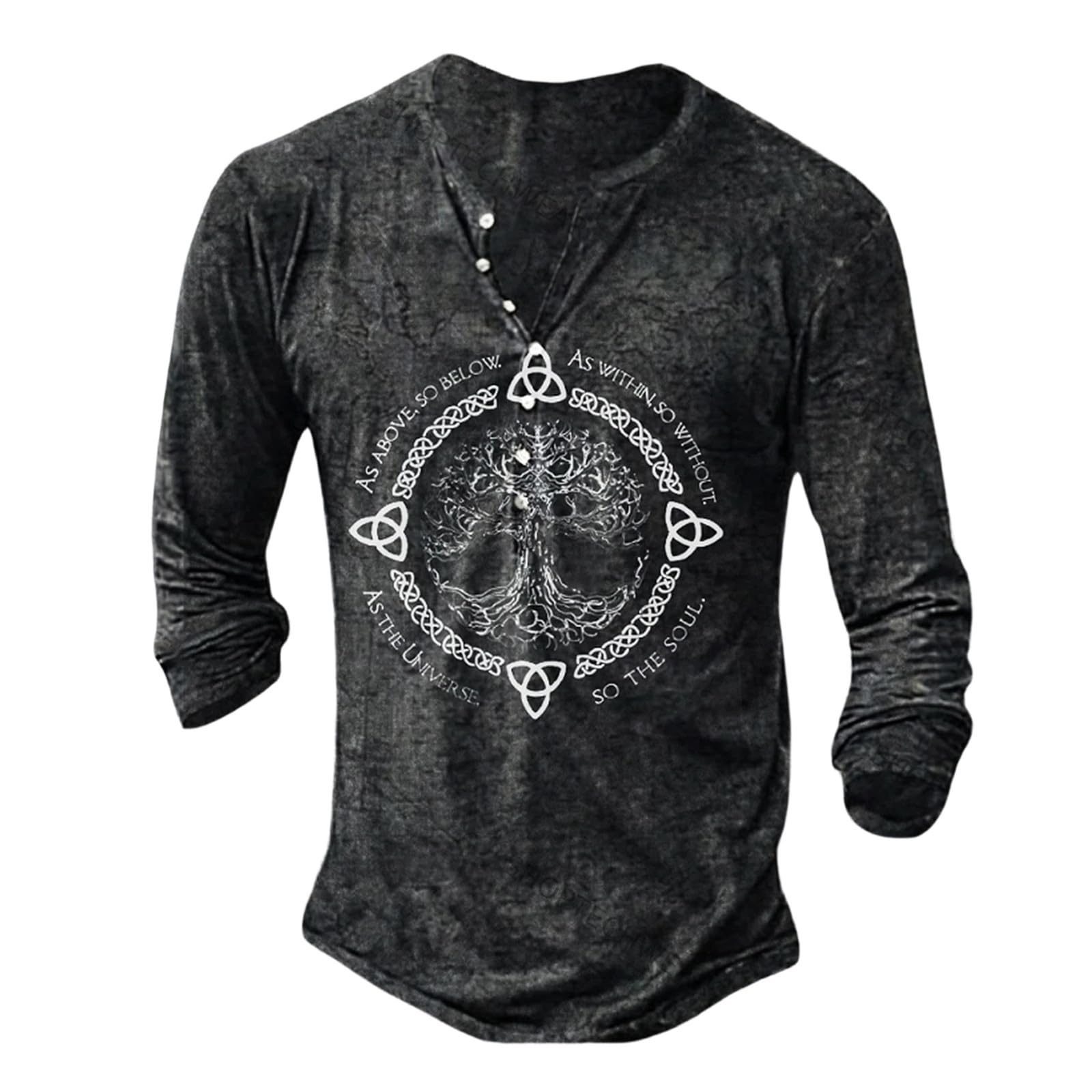 Men's Gothic Nordic Mythology T Shirts Retro Printed V Neck Lace Up Long Sleeve Pullover Vintage Distressed Henley Shirt Top Street Tshirt Sports Shirt, dark grey, S