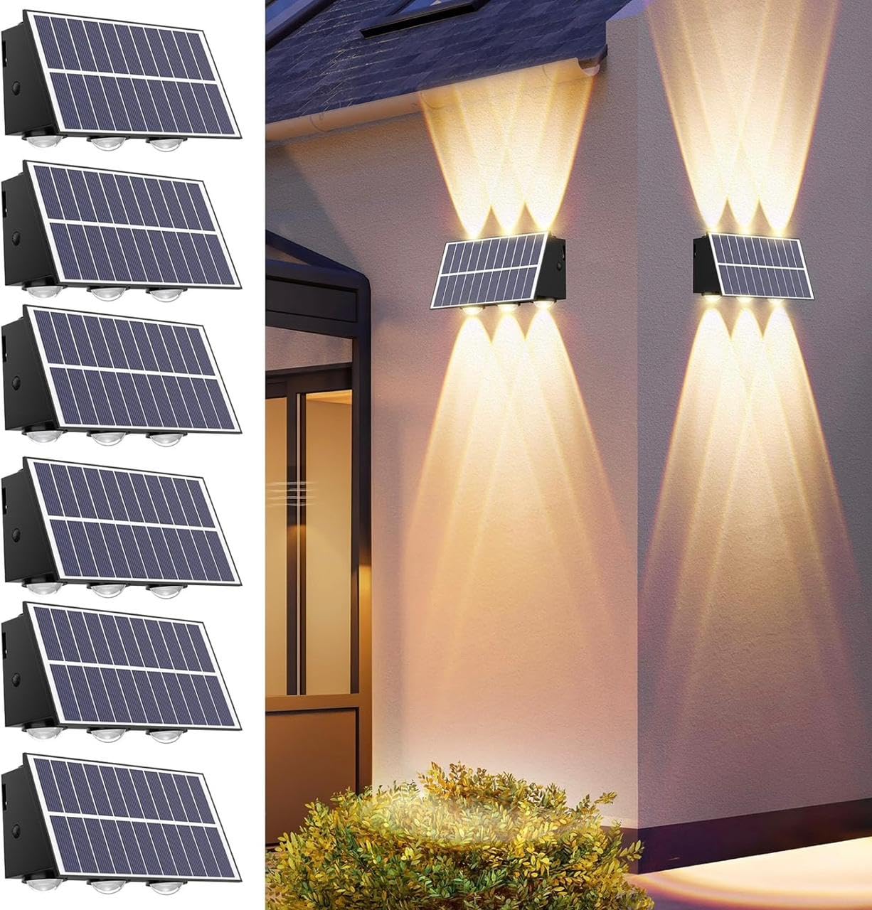 Solar Wall Light Outdoor, Waterproof Up & Down Sconce Light, Warm White LED for Garden, Patio, Fence (BLACK, PACK OF 6PCS, WARM WHITE)