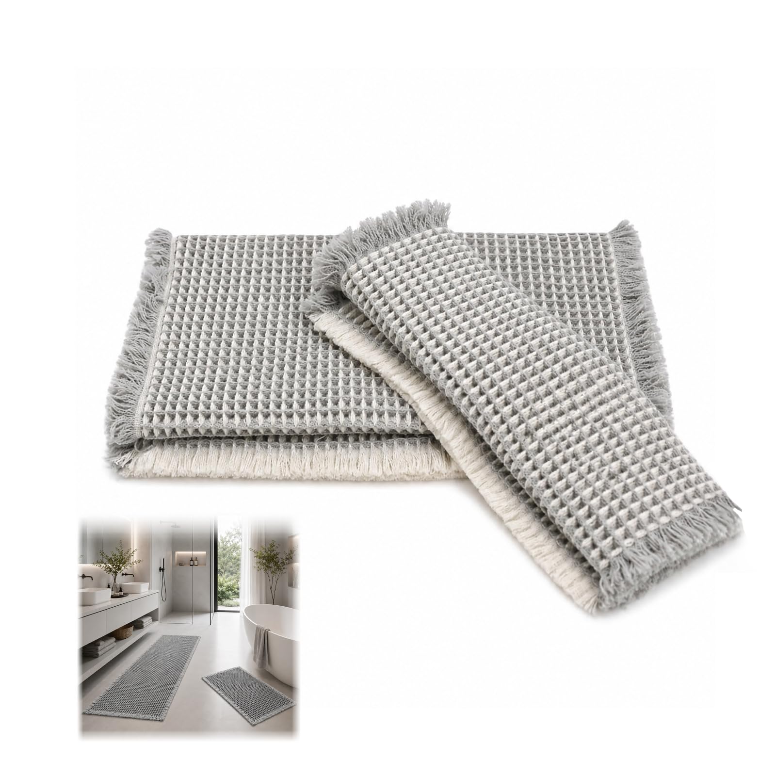Tapis de bain bohème gris et blanc pour harmoniser la décoration de votre WC et couloir de maison