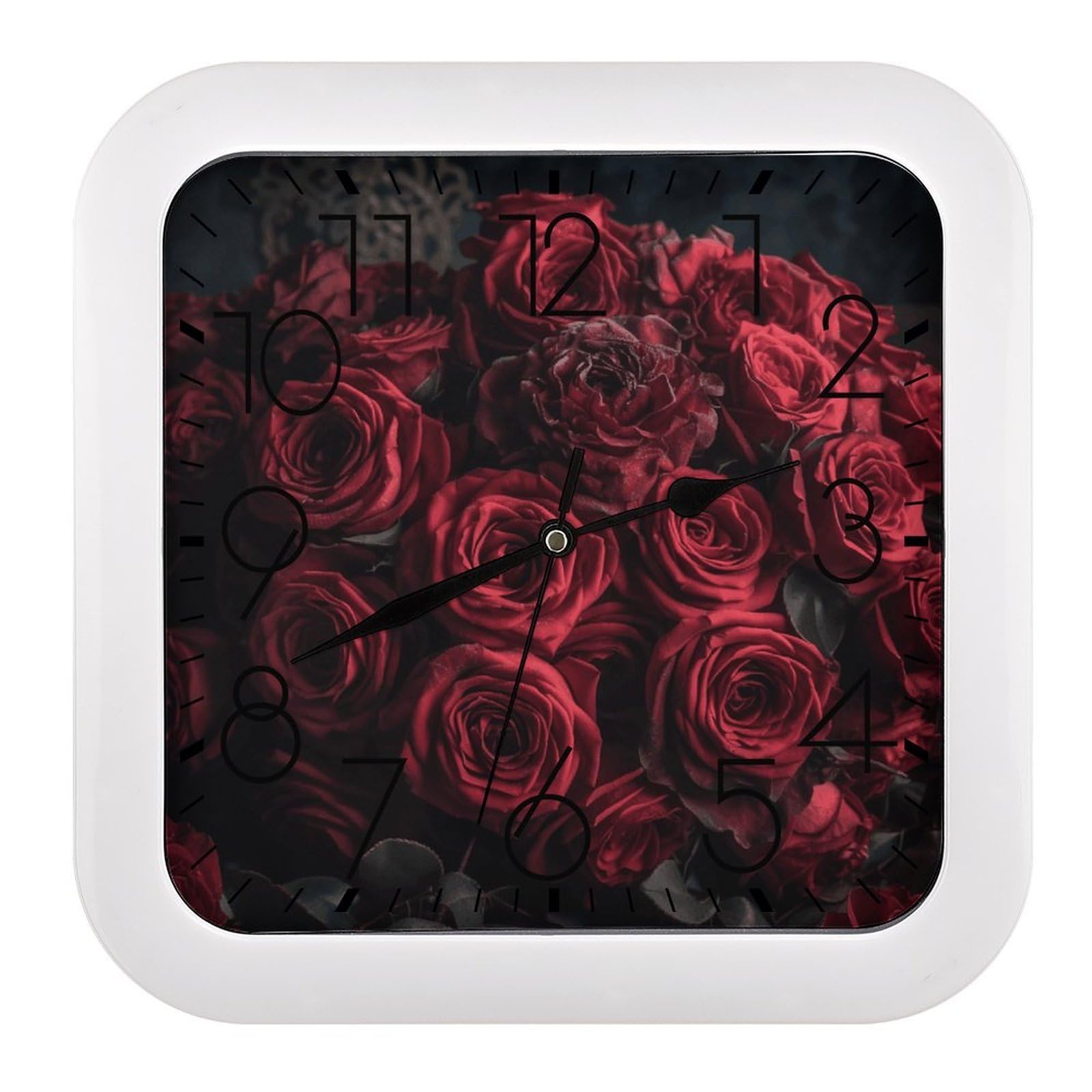 Horloge murale carrée aux roses rouges rustique et silencieuse pour décoration de maison