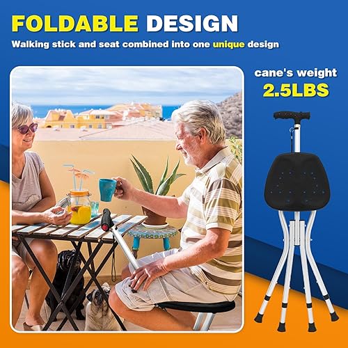 Miniatura 5 de BigAlex Bastón para caminar con asiento, asiento ligero con LED para personas mayores, silla plegable ajustable para mujeres con 4 patas