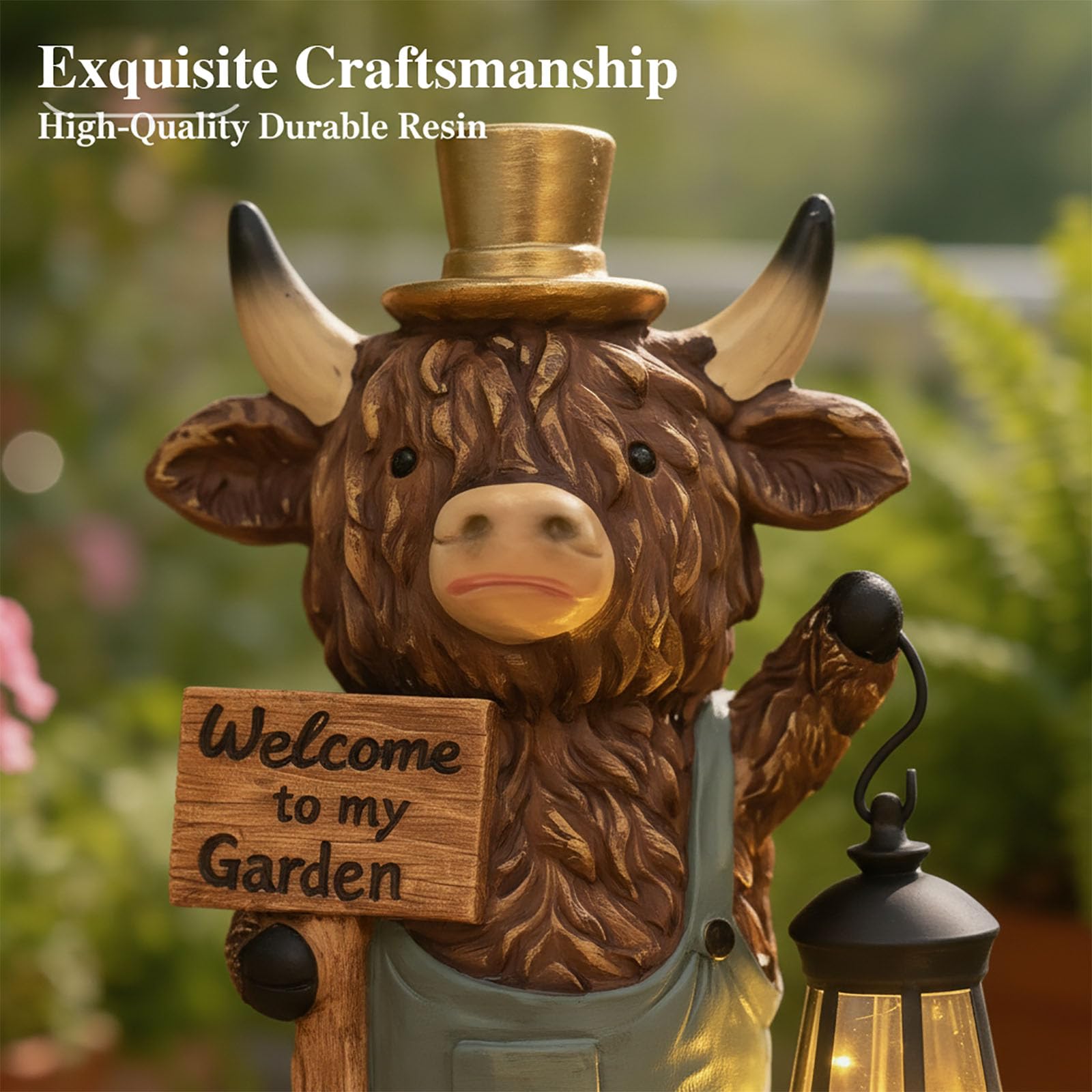Zasilana energią słoneczną lampa ogrodowa Highland Bull, 15 cm, statuetka krowy z latarnią, wodoodporna rzeźba zwierząt na podwórko, patio, dekoracja trawnika