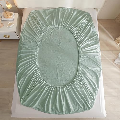 Miniatura 6 de Sábanas bajeras color verde salvia para cama de tamaño individual  1 pieza con bolsillo extra profundo de hasta 16 pulgadas, sábanas bajeras de
