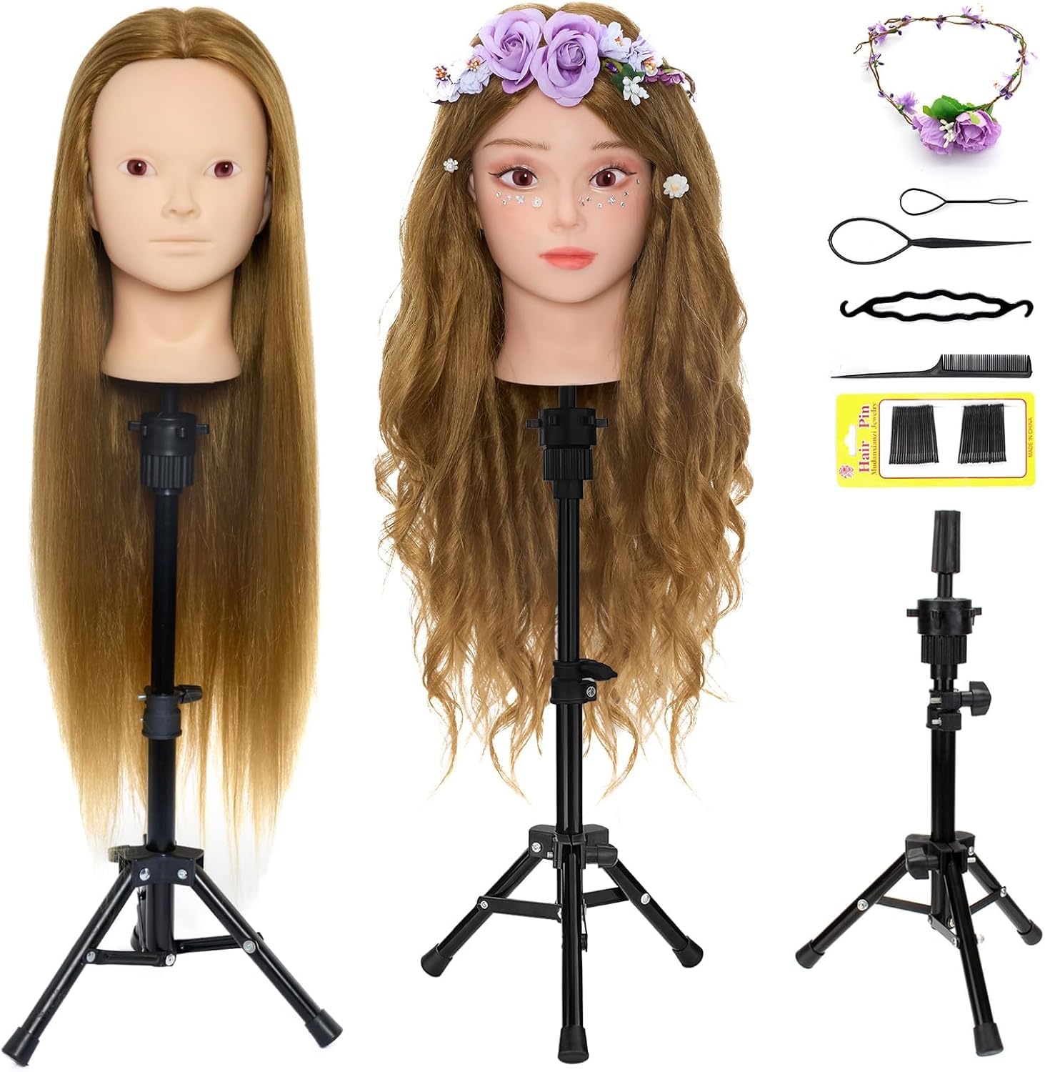 Schminkkopf 50% Echthaar mit Ständer 24" Frisierkopf Friseur Friseurkopf | Trainingsköpfe Übungskopf Puppenkopf Ausbildung Kopf Mit Halter + Hair Styling Braid Set