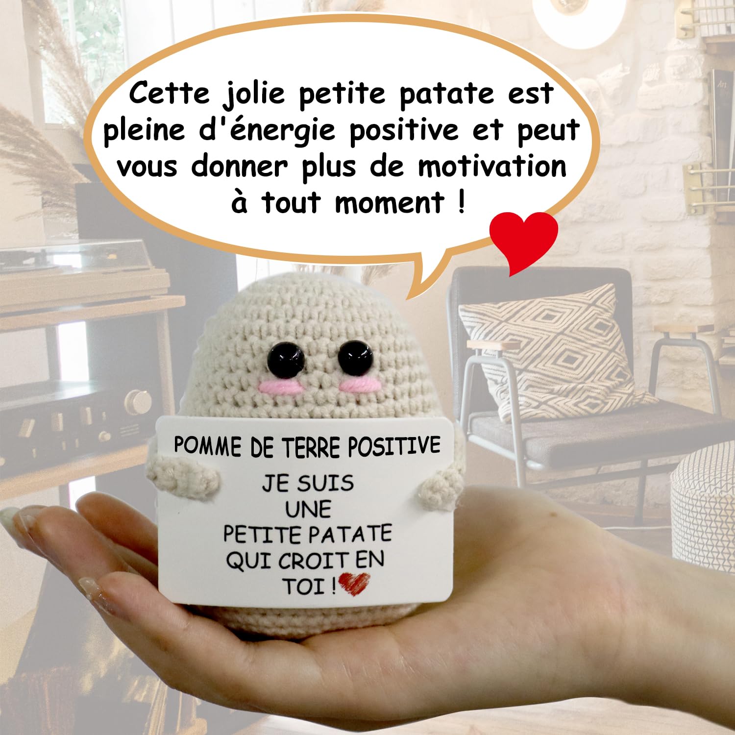 Pomme De Terre Positive Tricotée - Peluche Porte-bonheur - Message Encourageant - Taille ~4,5 Cm