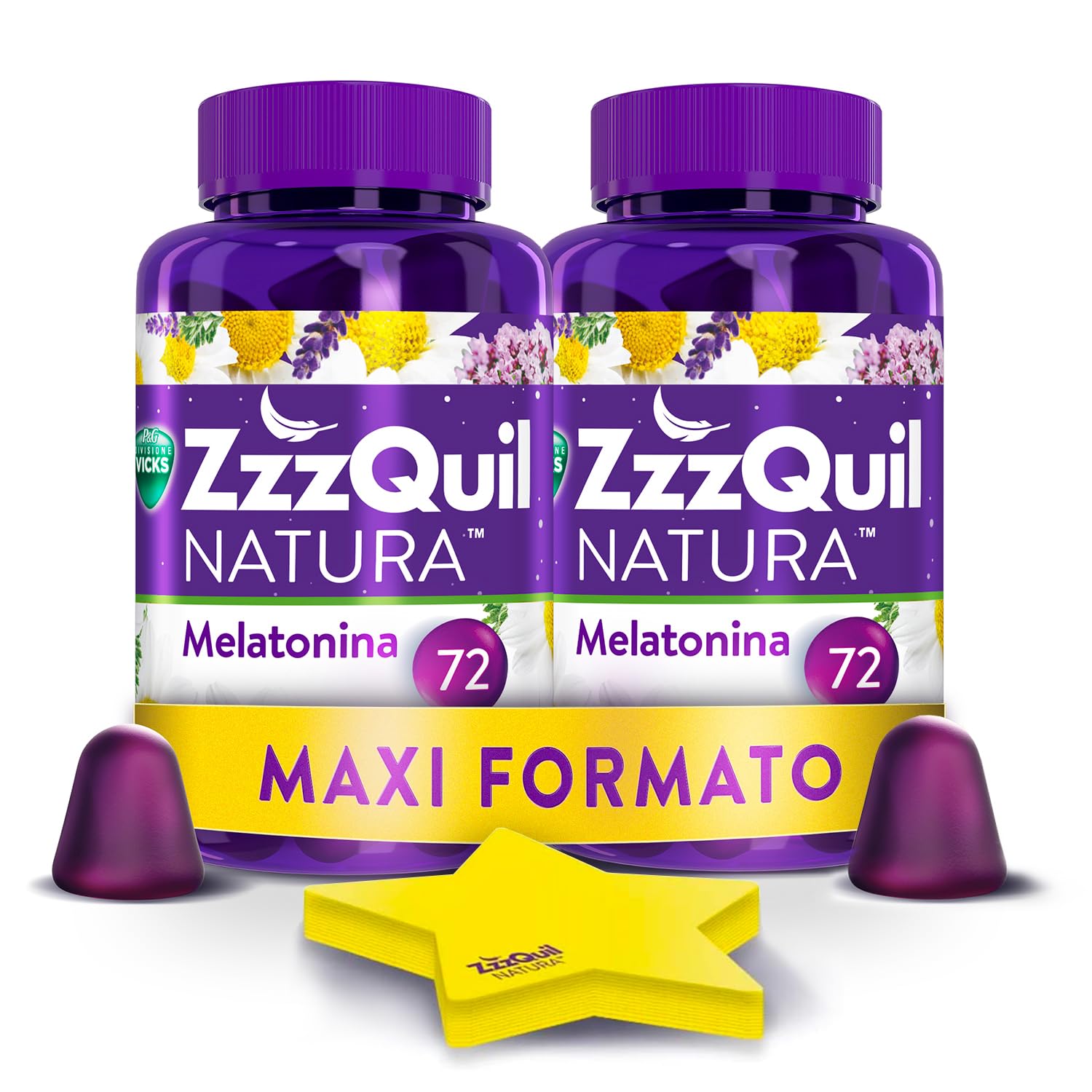 ZzzQuil Natura Supplement with Pure Melatonin and Valerian Extracts for Sleeping, Chamomile and Lavender, Maxi Format Berries 2 x 72 Gummies + Star Adhesive Sheets