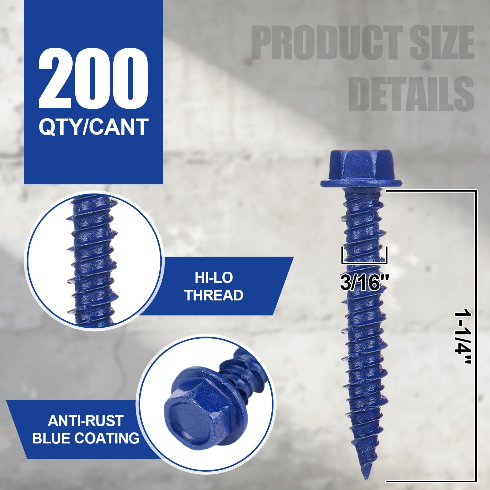Therwen 200 anclajes de tornillo de hormigón de cabeza hexagonal azul de 3/16 x 1-1/4 pulgadas, tornillos de hormigón de acero al carbono endurecido, resistentes al óxido y a la corrosión para