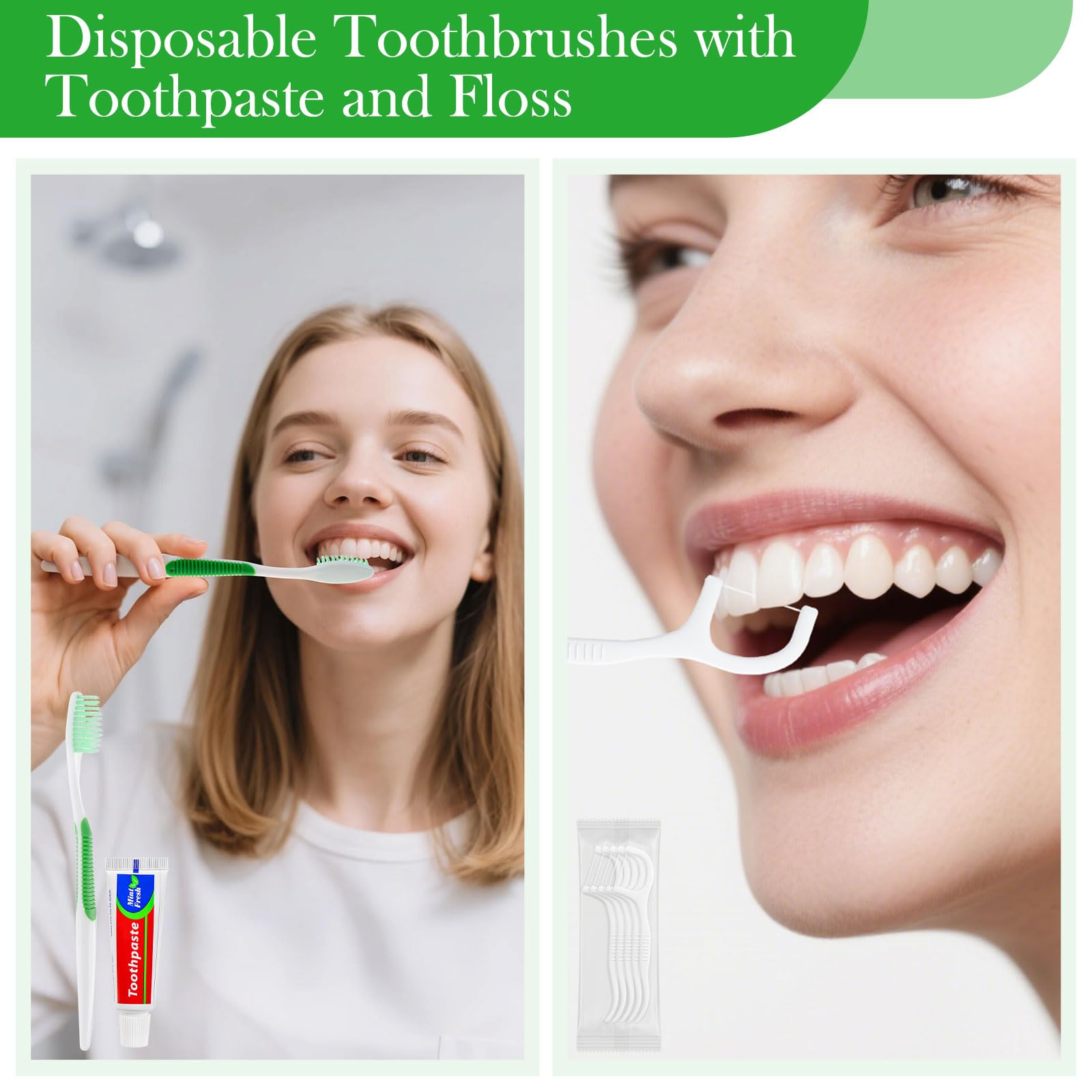 Set di 100 spazzolini da denti usa e getta con dentifricio, 5 in 1, per la cura della persona, set da toeletta da viaggio, con dentifricio e filo interdentale, pettine, copertura per
