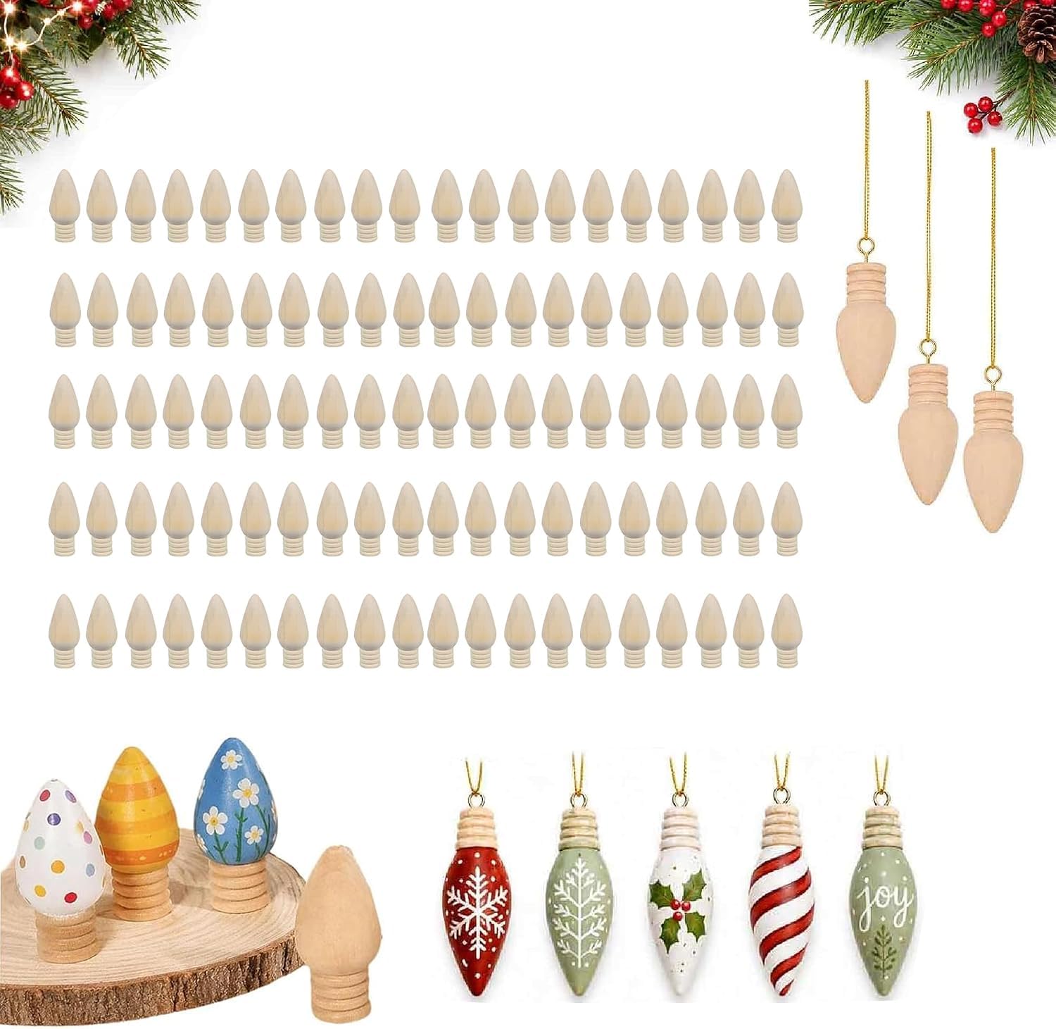 Confezione da 100 lampadine natalizie in legno per artigianato, lampadine
