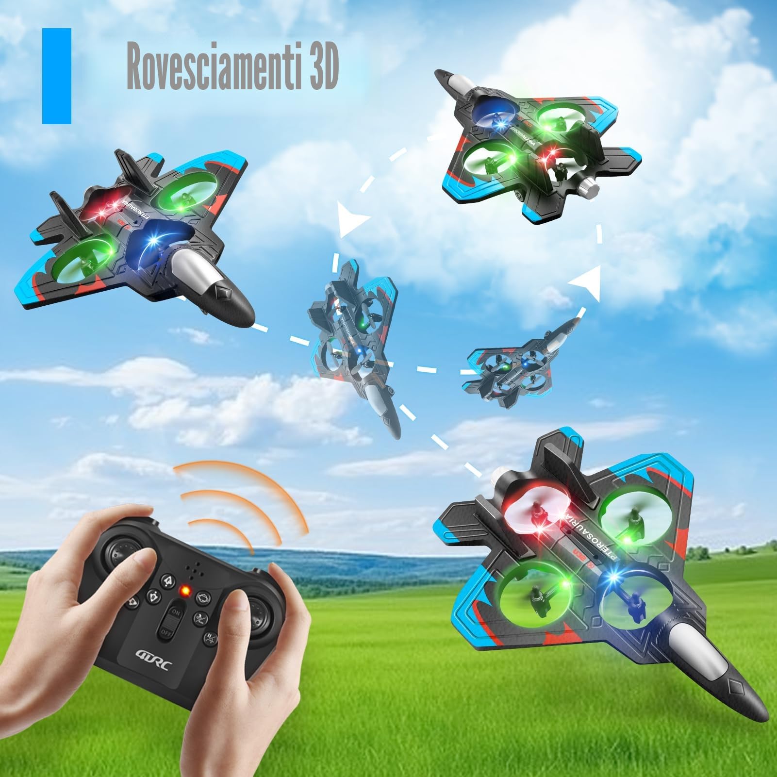 4DRC V32 Aereo telecomandato, per bambini oltre 8 anni, jet con luci, 360° capovolte, mantenimento quota, modalità headless, avvio un tasto, regalo giocoso all'aperto per adulti e bambini