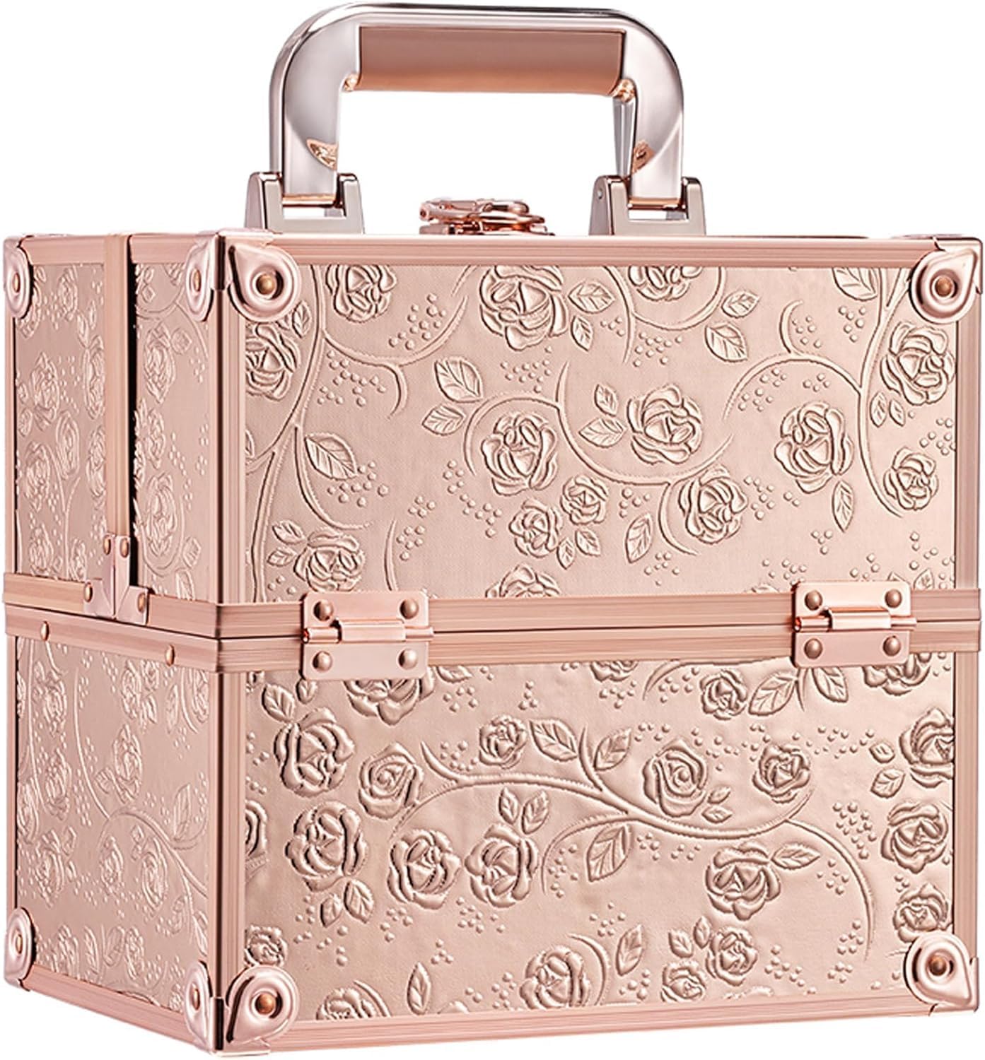 Maletín Maquillaje Cosméticos Estuche Maquillaje y 4 Tarias Maleta de Makeup Case Estuche Organizador Estuche de Uñas Joyero y Manicura Beauty Case de Viaje para Mujer Profesional, Rosa Oro