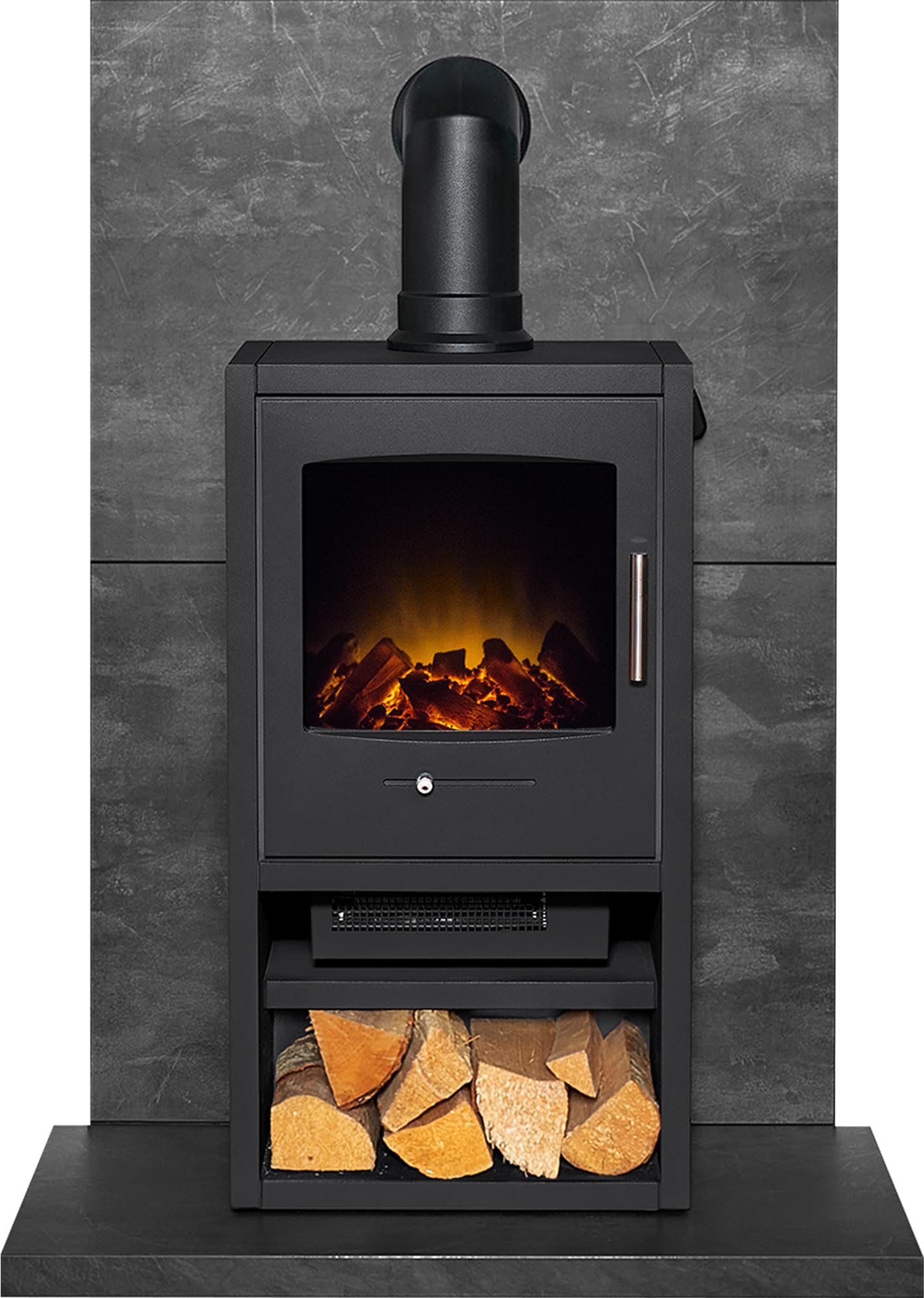 Acantha Tile & Hearth Set in Slate Venetian Plaster Effect with Bergen XL Stove & Angled Pipe