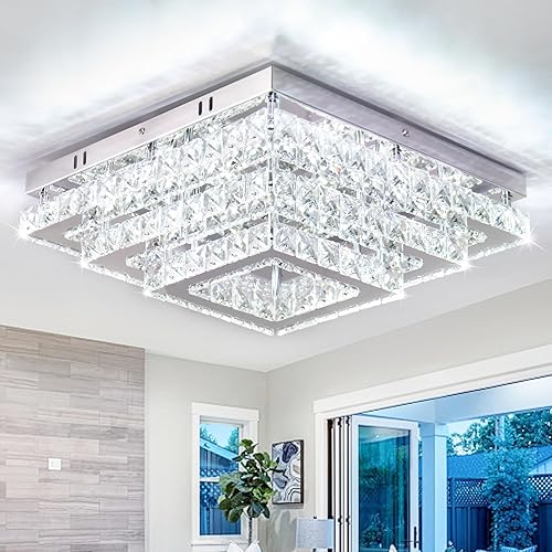 Finktonglan Lámpara de techo LED cuadrada de cristal, lámpara de techo moderna de 15 pies, lámpara de techo de 3 niveles para sala de estar, comedor