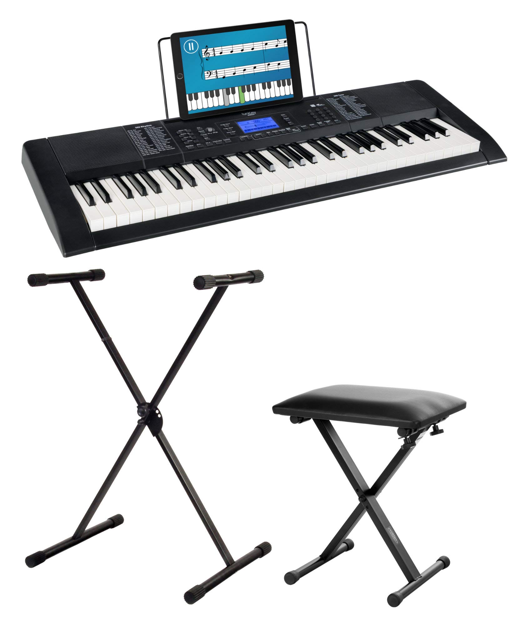 FunKey 61 Edition Pro Schwarz Set inkl. Keyboardständer + Bank, 300 Sounds | 300 Rhythmen, 40 Demosongs, Sustain, Vibrato, Double Voice, Transpose, Tastatur-Split, Intro/Ending, Drum, Aufnahmefunktion