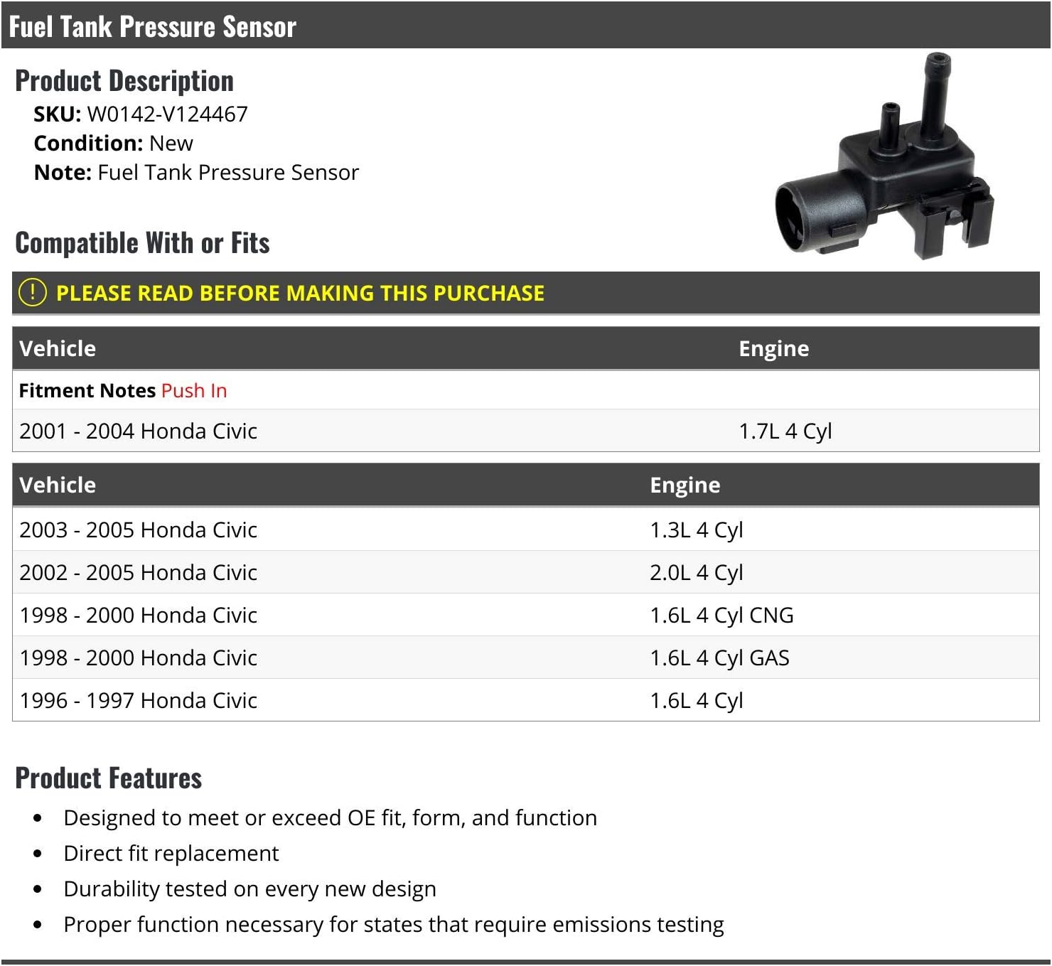Marketplace Auto Parts - Fuel Tank Pressure Sensor - Compatible with 1996-2005 Honda Civic 4-Cylinder