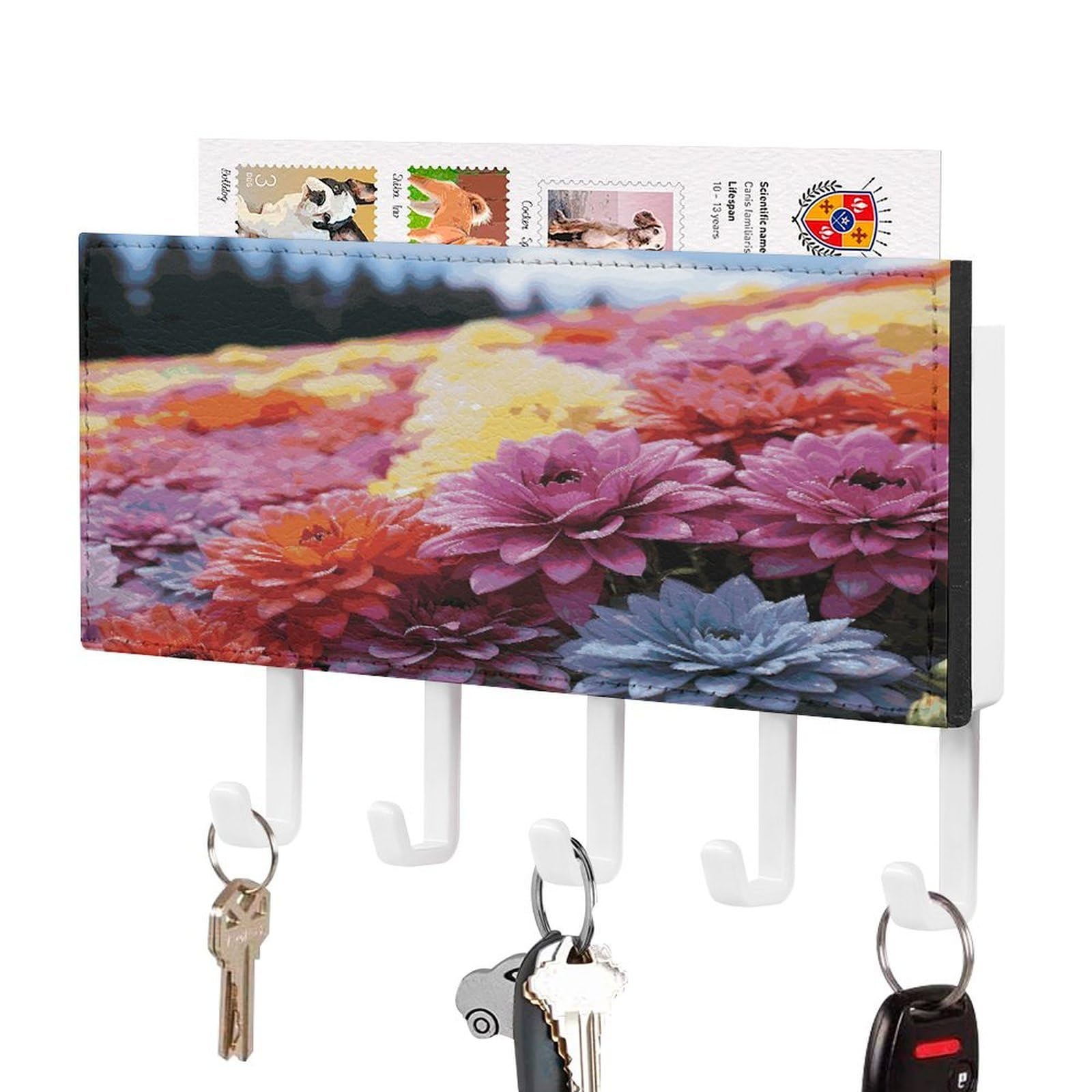 FekiLoot Rainbow Flower Sea Key Holder for Wall Decorative Mail Organizer with 5 Key Hook Self Adhesive Key Rack with Tray Coat Rack Wall Mount Key Hanger Decor for Entryway Door