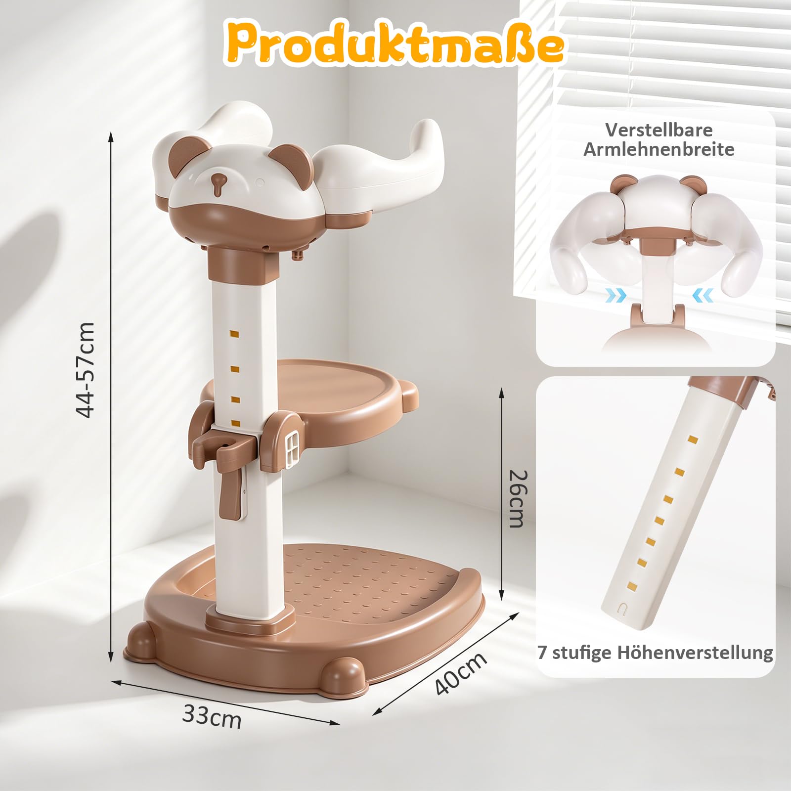 Baby Dusche Ständer Einstellbarer Baby Shower Stand Support mit AntiRutsch-Basis, Anehmbarem Sitz, Duschständer Kind, Anstelle eines Badewannensitzes baby zum Baden, Windelwechseln (Braun)