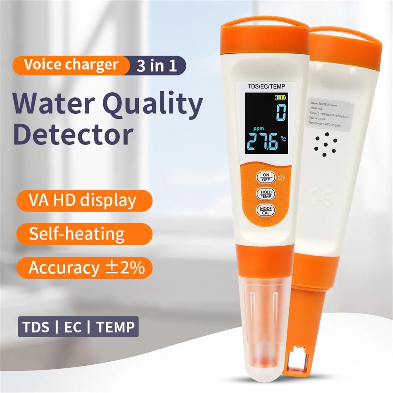Tester di qualità Acqua Multifunzionale 3 in 1 vocale, rilevatore Digitale TDS EC, misuratore Temperatura for Piscine e acquari con retroilluminazione Alta precisione