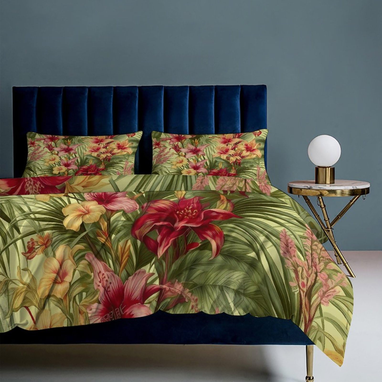 Set di biancheria da letto 3 pezzi, ultra morbido, con motivo floreale di palme tropicali + 2 federe, leggero copripiumino double-face per casa/hotel/regali, 228,6 x 228,6 cm
