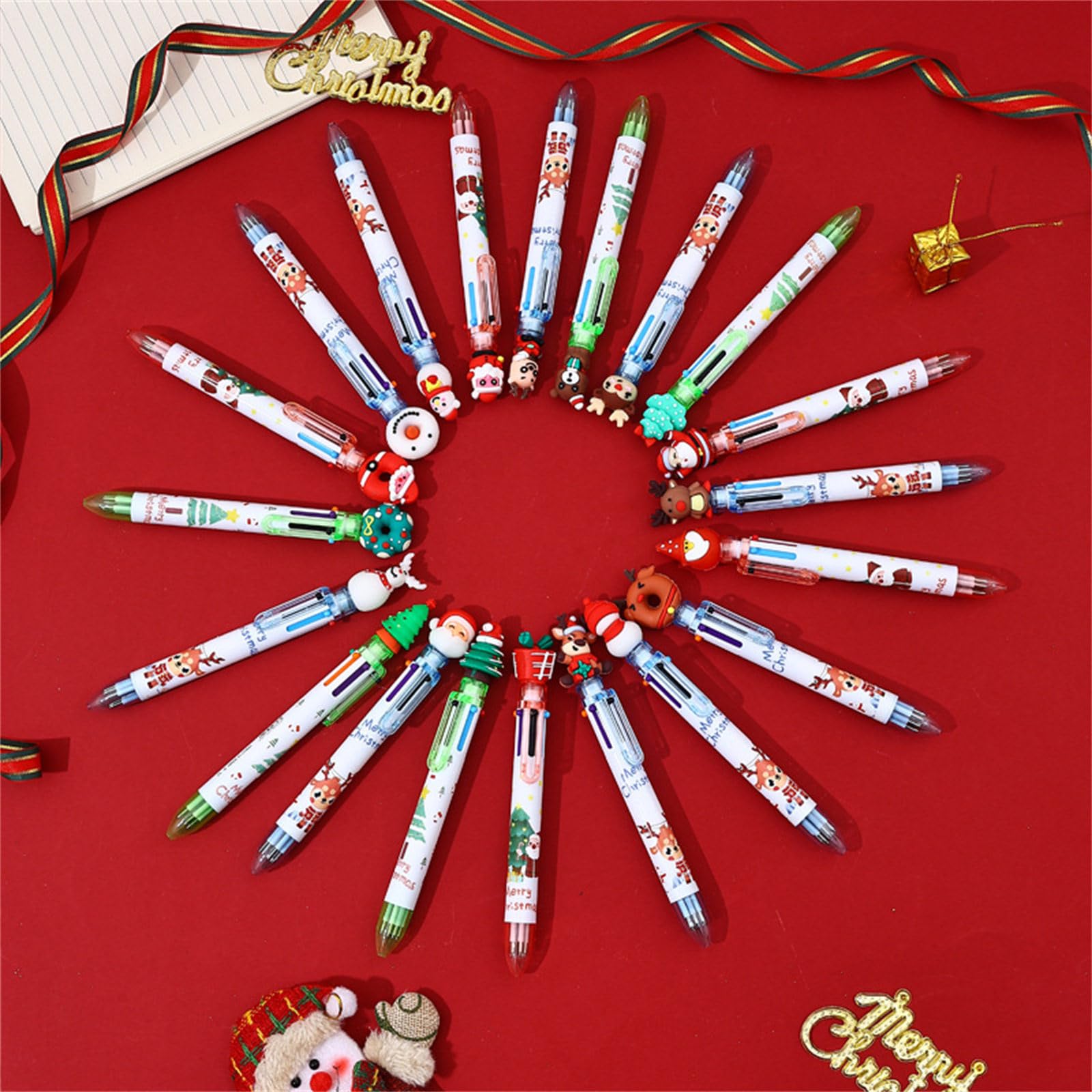 10Pcs Christmas Multicolored Ballpoint Pens 6-in-1 Retractable Ballpoint Pen Snowman Reindeer Christmas Tree Quick Dry Smooth Writing Pen — view 5