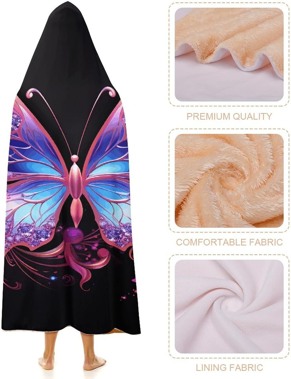 Purple Butterfly Wearable Hooded Blanket, Ultra Soft Arctic Velvet Cape Cloak Unisex - Cozy Wearable Blanket