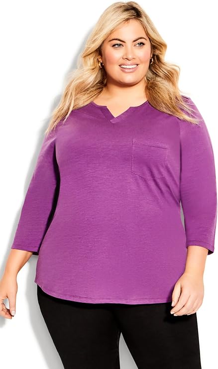 Avenue Women's Plus Size Tee - Notch Neck 3/4 Sleeve Plain