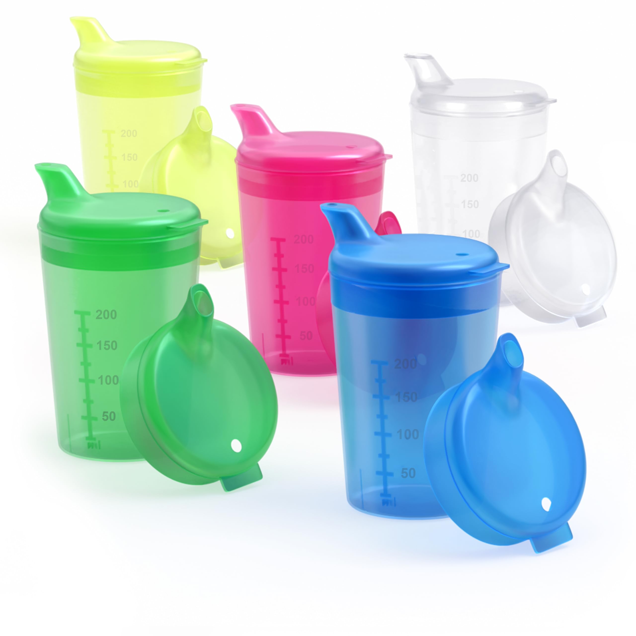 Pack de 5 ayudas para beber para adultos, 250 ml, vasos con pico Plus 5 tapas para líquidos y 5 tapas para papillas/mostaza, color a elegir (multicolor)