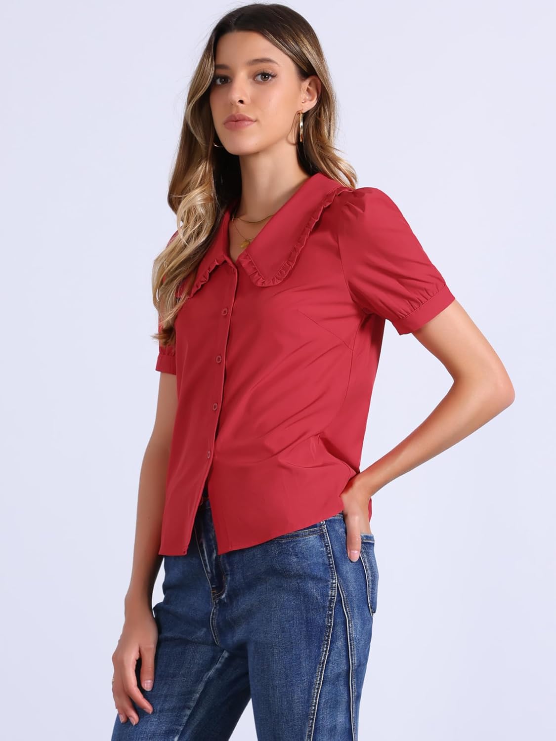 Allegra K Women's Peter Pan Collar Shirt Puff Short Sleeve Retro Vintage Blouse - Image 2