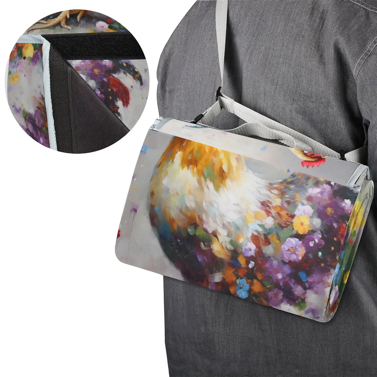 Mantas de picnic de 150 x 145 cm, diseño de flores de aceite, gallo y pollo, manta de playa plegable para exteriores, impermeable, para playa, camping, senderismo, picnic