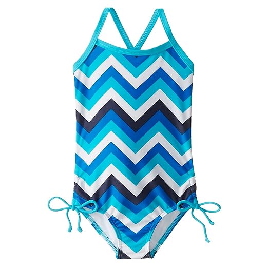 Kanu Surf Girls' Layla Beach Sport Banded 1 Piece Swimsuit, Olivia Blue Chevron, 10