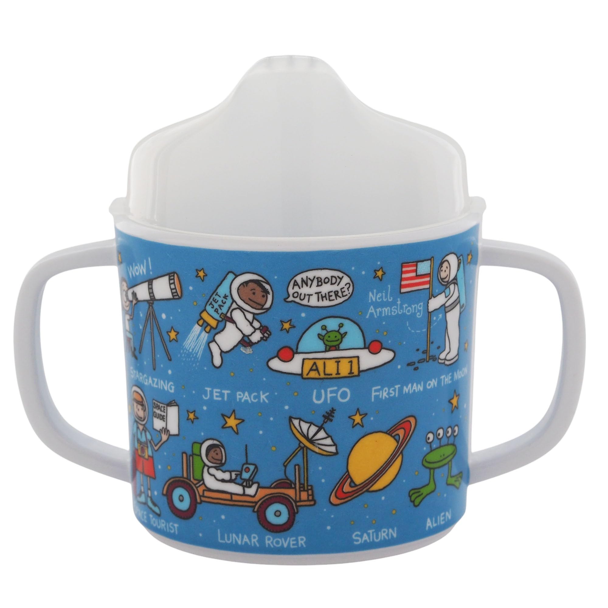 Tyrrell Katz Two-Handled Sippy Cup for Toddlers, Free Flow (No Valve), Removable Lid for Transition to Open Beaker, Anti-Slip Base, BPA Free, Detailed Space Themed Illustrations