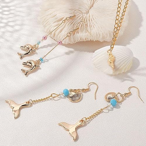 Miniatura 5 de SUNNYCLUE 1 caja de 10 estilos reales chapados en oro de 18 quilates con temática oceánica, dijes de animales marinos, conchas, estrellas de mar,