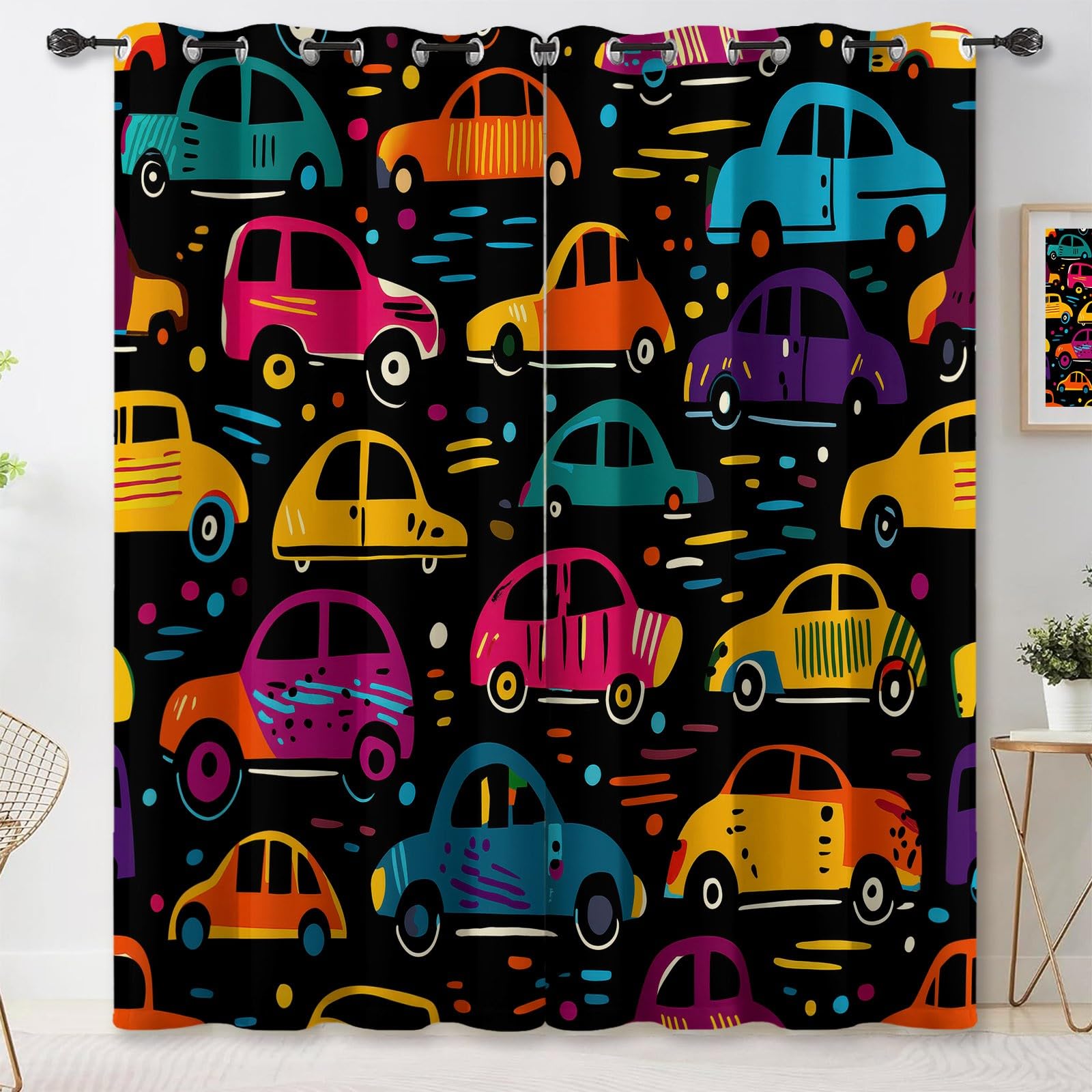 Rideaux décoratifs occultants à motif automobile moderne avec oeillets intégrés