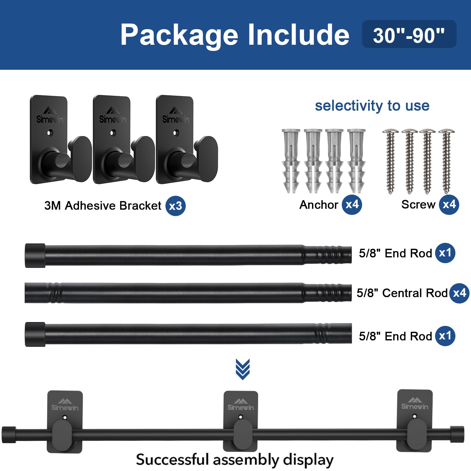 SIMEWIN Tringle à rideaux sans perçage pour fenêtres de 76,2 à 228,6 cm de diamètre, sans perçage, avec supports adhésifs 3M, noir