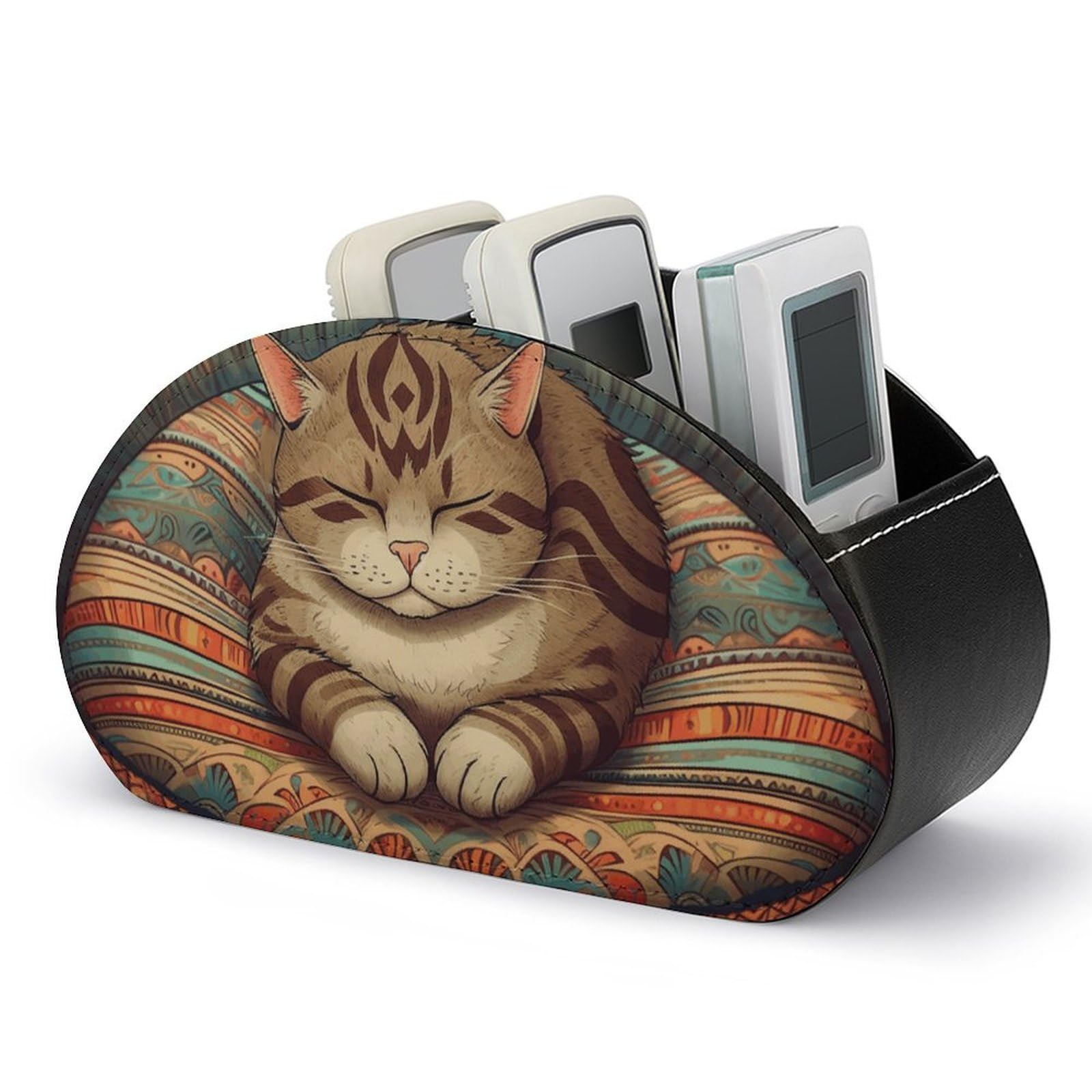 Btcowzrv Style Modern Rustic 5-Compartment Pu Leather Remote Control Holder/Caddy With Cat Sleeps On The Mat Remote Box Organizer