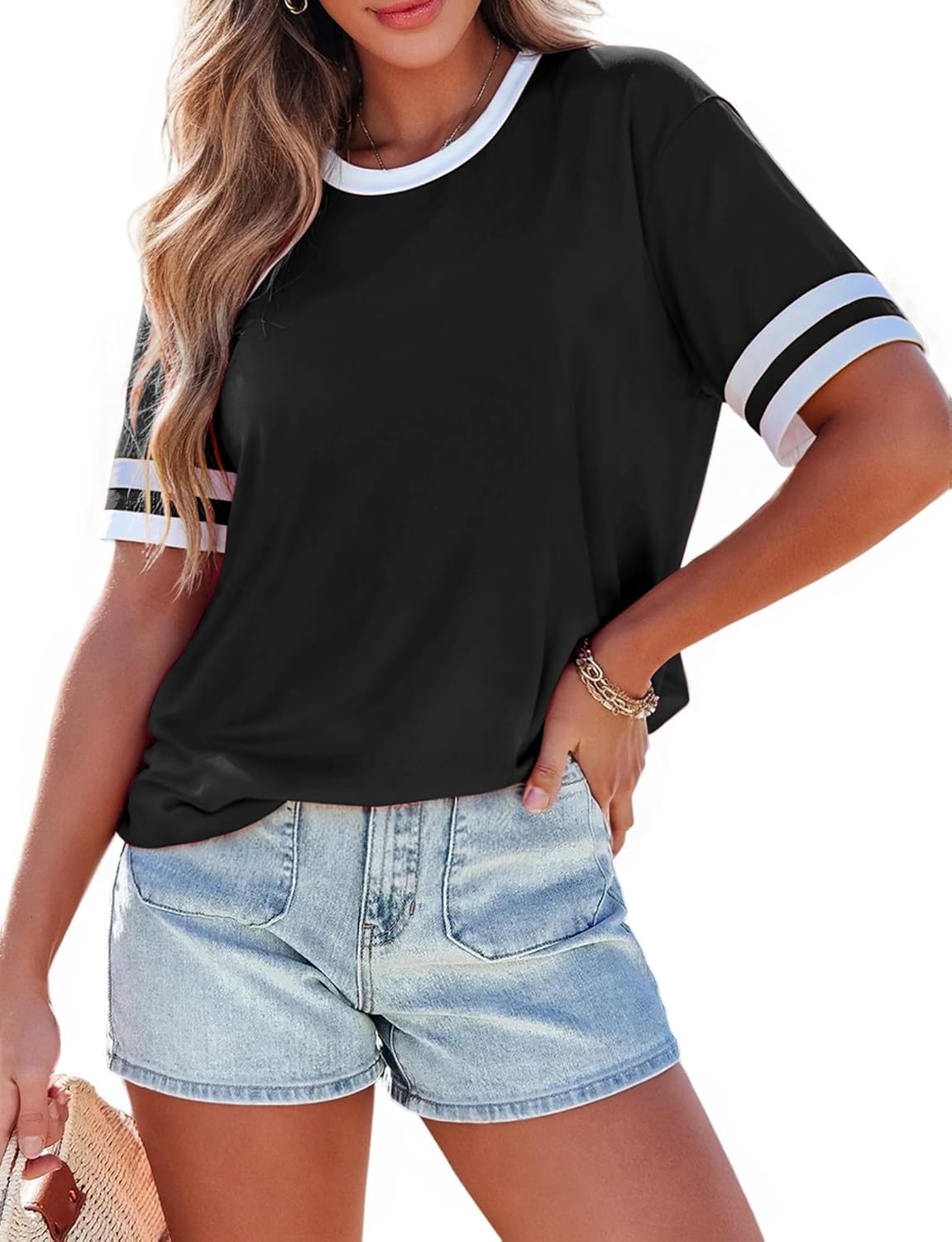 Women's Fashion 2026 T-Shirts - Loose Fit Short Sleeve Color Block Tee - Breathable Crew Neck Summer Top - Image 4