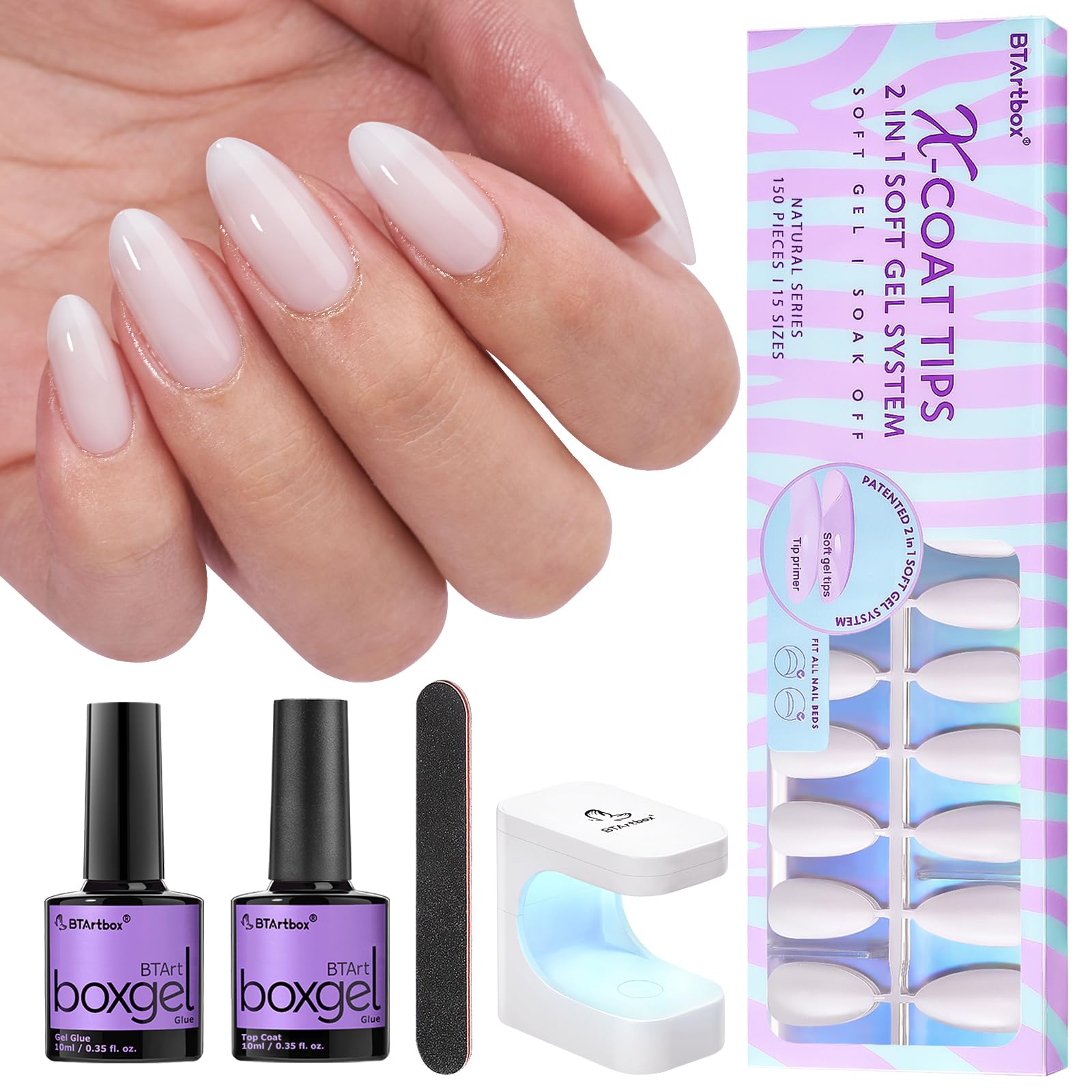 btartboxnails Gel Nail Tips and Gl ue Gel Kit - Pre Colored Milky White Soft Gel Nail Tips Kit, Medium Almond Milky White XCOATTIPS Pre Applied Tip Primer, Gel Nail Extension Kit