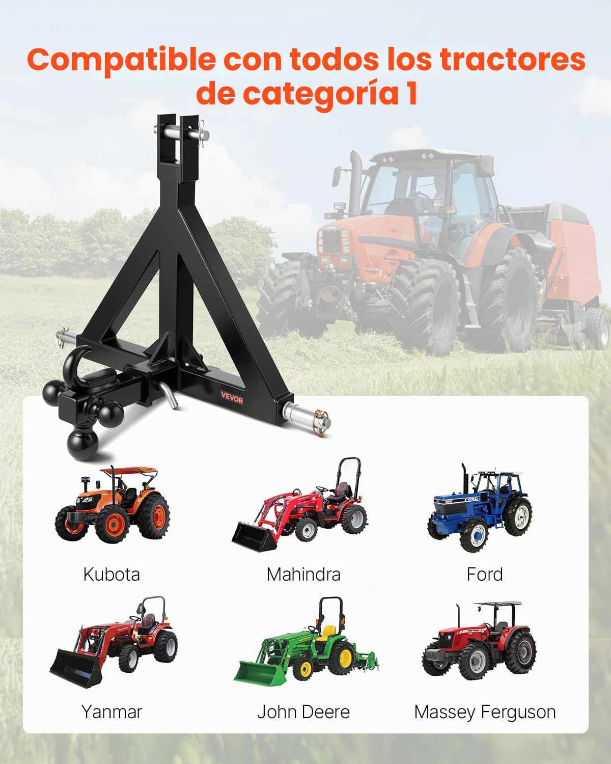 VEVOR Enganche de Remolque de 3 Puntos de 50,8 mm con 3 Bolas de Remolque Adaptador de Barra de Remolque para Tractor, Compatible con Kubota, Mahindra, Ford, Yanmar, John Deere y Massey Ferguson