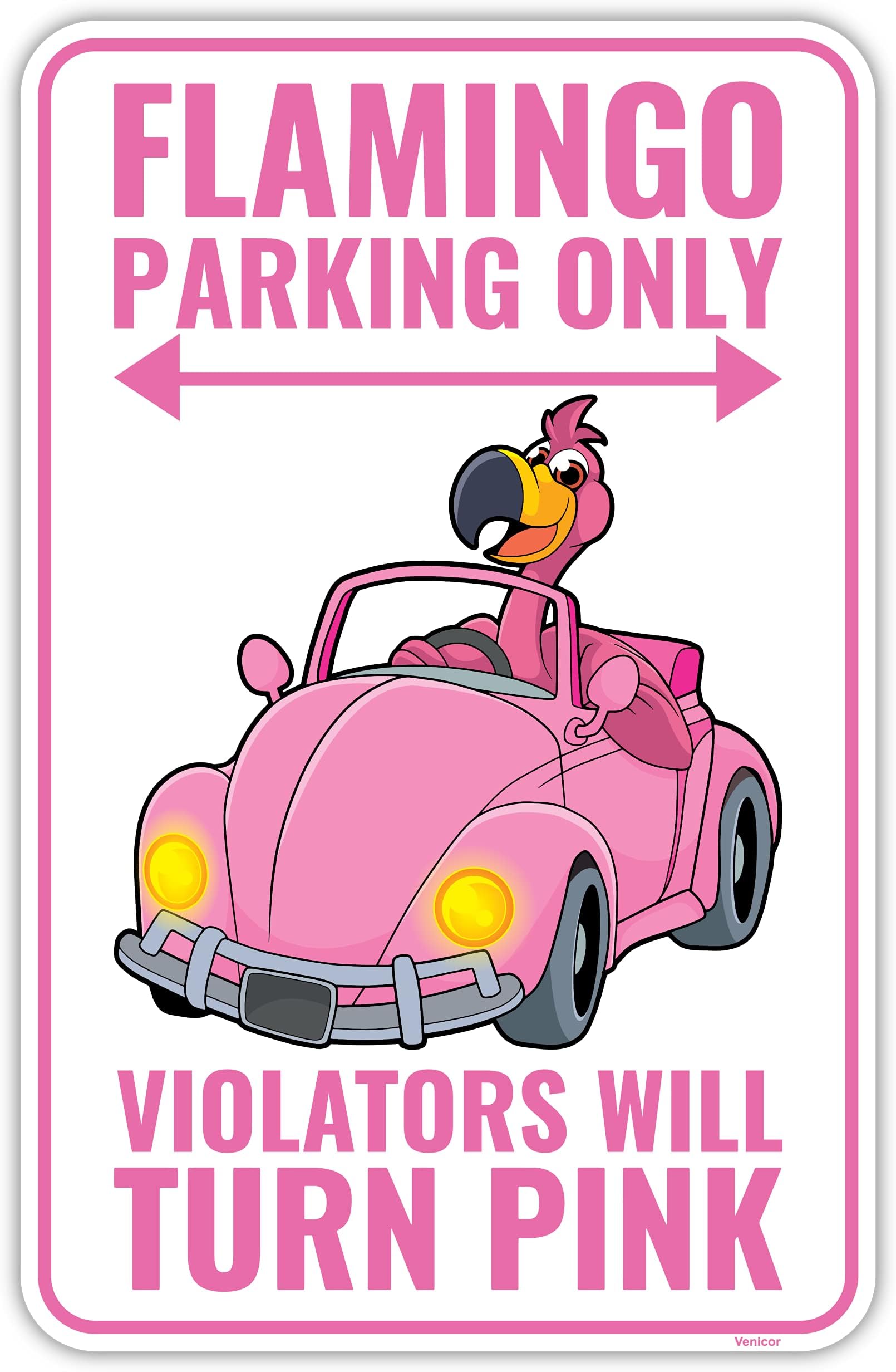 Venicor Flamingo Parking Only Sign - 9 x 14 Inches - Aluminum - Pink Flamingo Gifts for Women - Flamingo Decor Metal Wall Art - Outdoor Flamingos Yard Decorations Lawn Party Supplies Merch Stuff