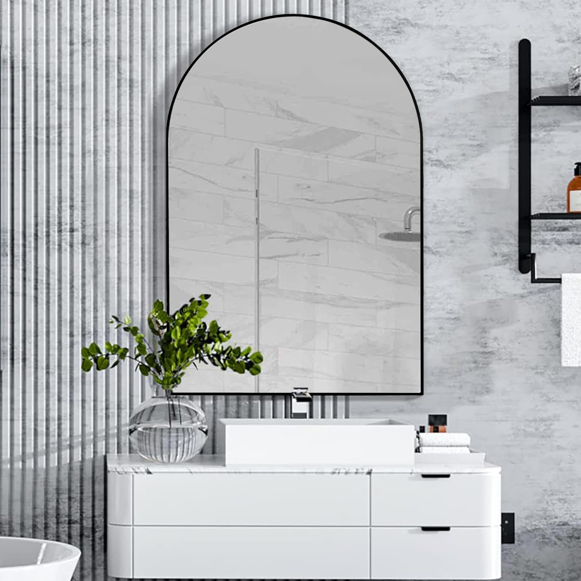 Specchio Da Parete Ad Arco 61x91,4 Cm: Con Cornice Effetto Legno, Vetro Temperato, Per Bagno, Camera Da Letto, Soggiorno, Ingresso