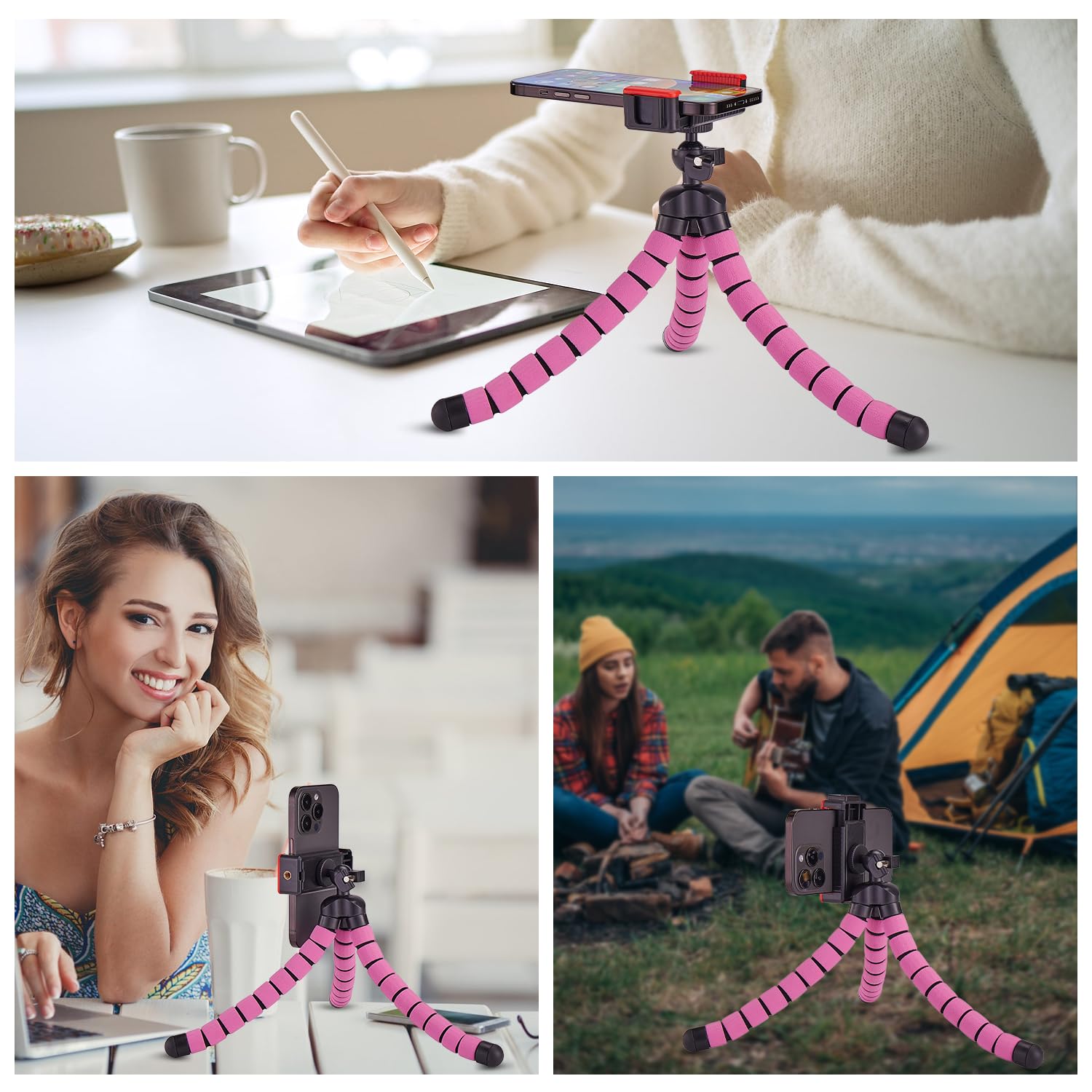 Mini Treppiede Portatile per Telefono Cellulare, Fotocamera, Gopro, Rosa Nero, Alluminio, Compatibile con Smartphone, Fotocamera, Gopro