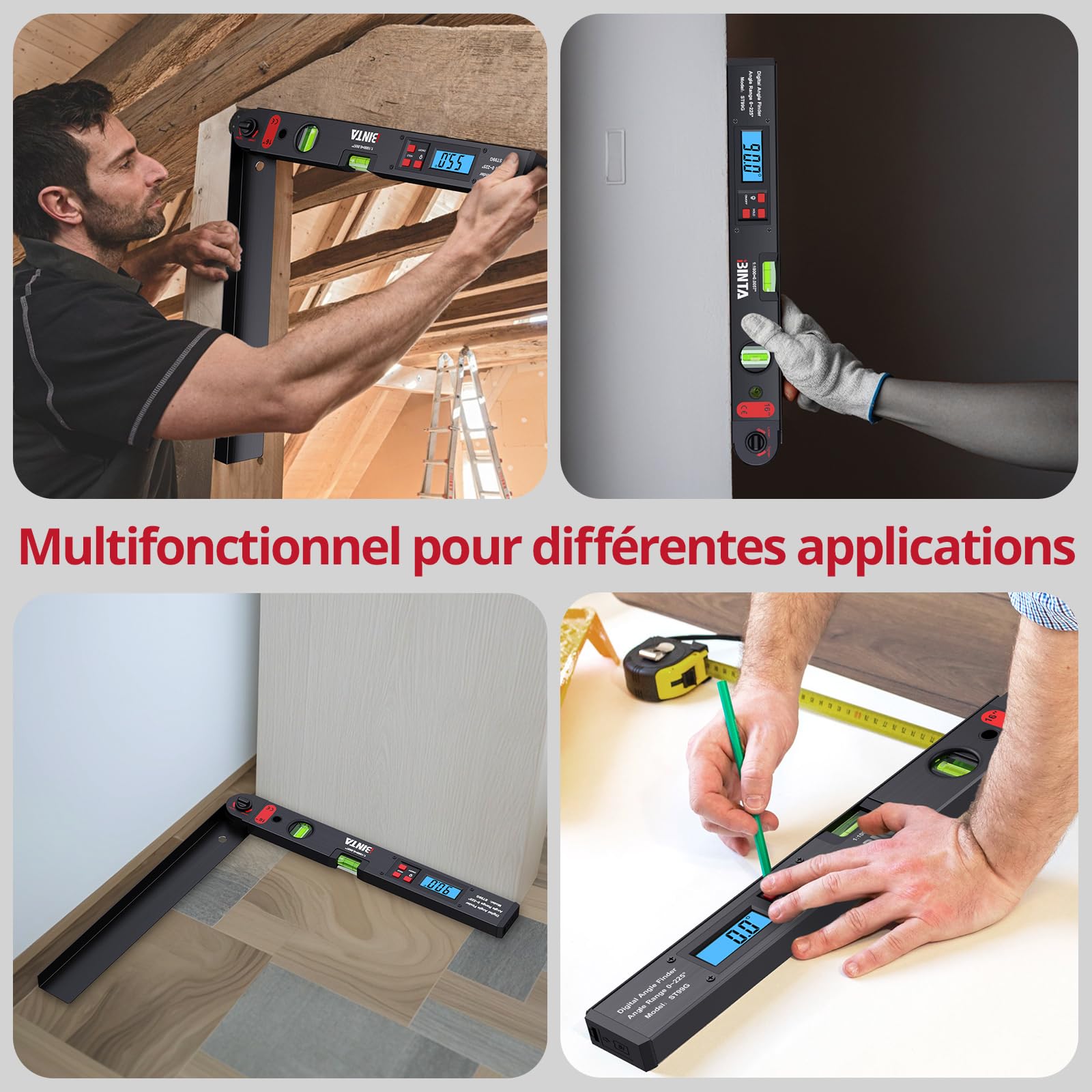 BINTA Détecteur d'Angle Numérique 0-225° avec Écran LCD Rétroéclairé, Outil en Aluminium avec Niveau à Bulles Horizontal/Vertical, Sac de Rangement, pour Menuiserie, Machines, Construction DIY Noir
