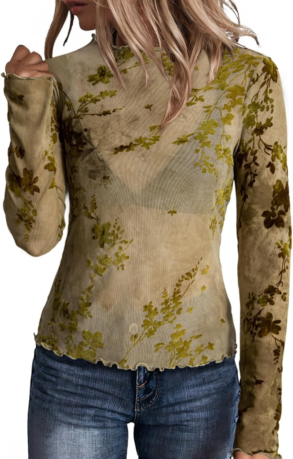 Dokotoo Women's Velvet Floral Embroidery Mesh Tops Gradient 2026 Long Sleeve Lace Shirt