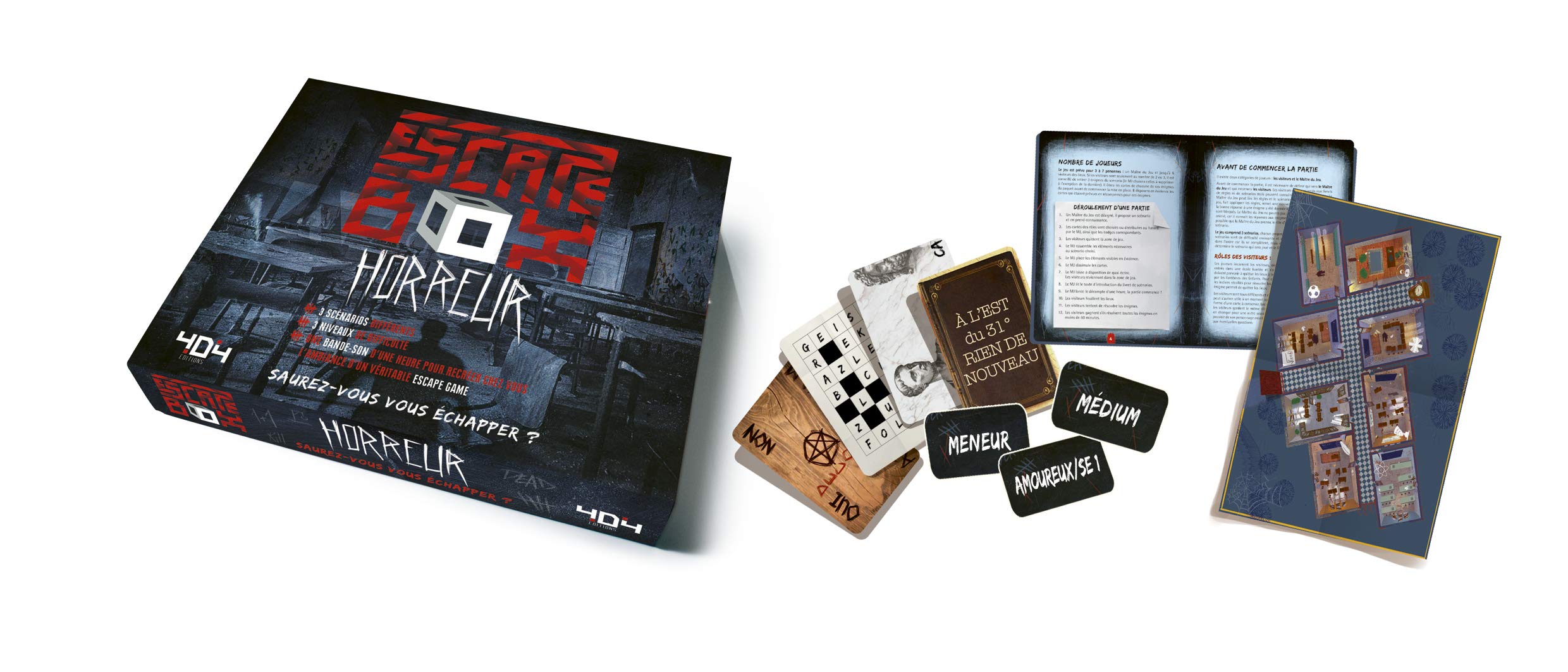Escape Box Horreur - Escape game adulte de 3 à 6 joueurs - Dès 14 ans et adulte: Contient : 3 livrets, 131 cartes, 1 bande-son de 60 minutes, 1 poster, 6 badges