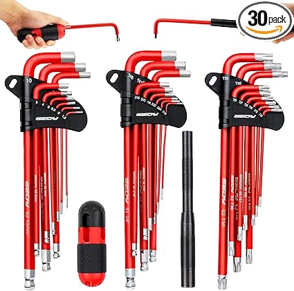 SEDY 30-Piece Long Arm Ball End L-Hex & Torx Key Set with Grip Handle, Ultimate Hex Key Wrench Set with T-Handle and Extension Bars, SAE 1/16" to 3/8", Metric 1.5mm to 10mm, Torx T10 to T50