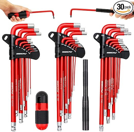 SEDY 30-Piece Long Arm Ball End L-Hex & Torx Key Set with Grip Handle, Ultimate Hex Key Wrench Set with T-Handle and Extension Bars, SAE 1/16" to 3/8", Metric 1.5mm to 10mm, Torx T10 to T50