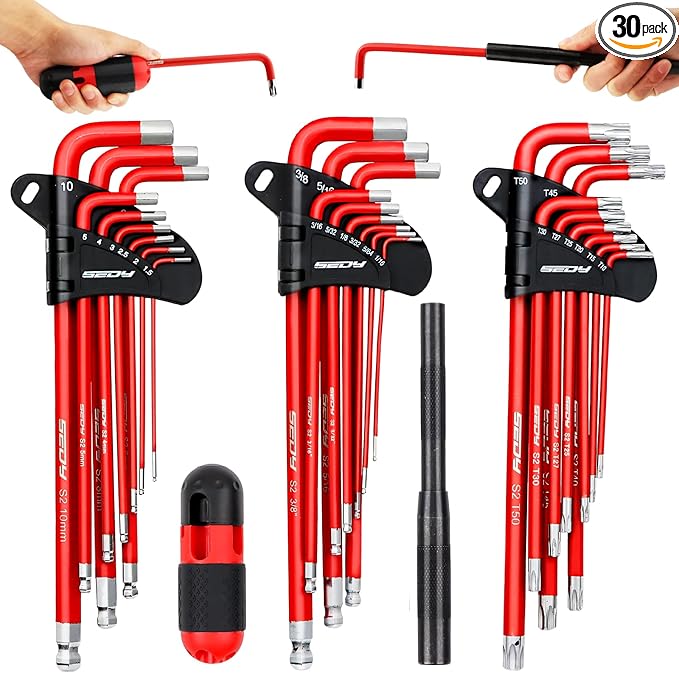 SEDY 30-Piece Long Arm Ball End L-Hex & Torx Key Set with Grip Handle, Ultimate Hex Key Wrench Set with T-Handle and Extension Bars, SAE 1/16" to 3/8", Metric 1.5mm to 10mm, Torx T10 to T50