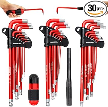 SEDY 30-Piece Long Arm Ball End L-Hex & Torx Key Set with Grip Handle, Ultimate Hex Key Wrench Set with T-Handle and Extension Bars, SAE 1/16" to 3/8", Metric 1.5mm to 10mm, Torx T10 to T50
